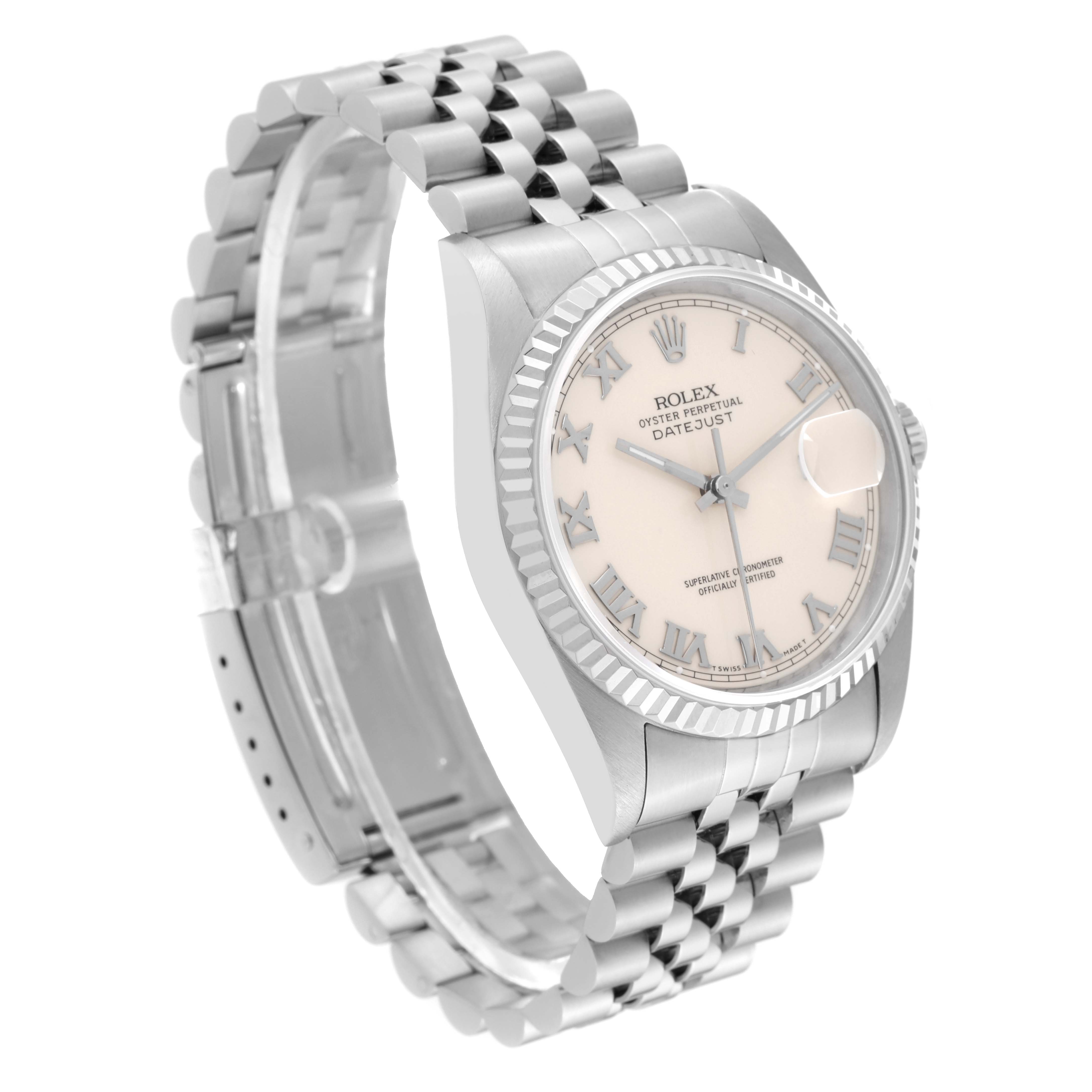 The Rolex Datejust 16234 Men
s Stainless Steel White Dial 16234 Men
s Stainless Steel White Dial watch is shown at an angle, displaying its face, fluted bezel, and jubilee bracelet.