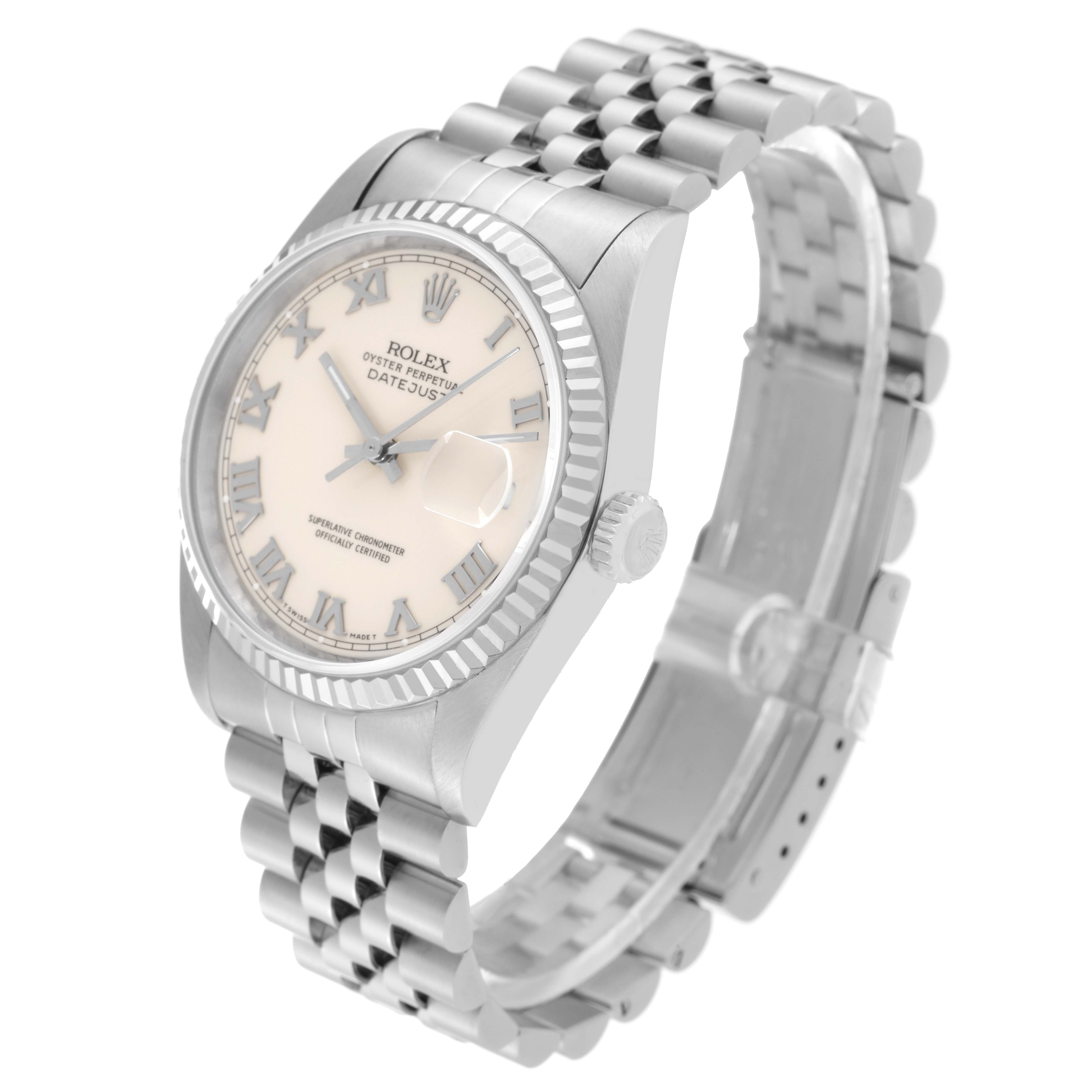 The Rolex Datejust 16234 Men
s Stainless Steel White Dial 16234 Men
s Stainless Steel White Dial watch is shown from a three-quarter angle, displaying the face, bezel, crown, and Jubilee bracelet.