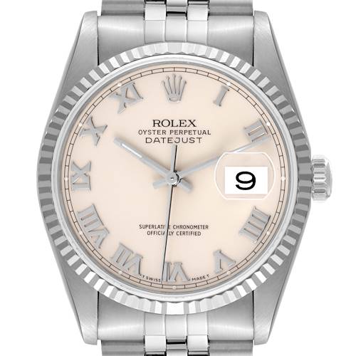 The Rolex Datejust watch is shown from a front angle, highlighting its dial, bracelet, bezel, and crown.