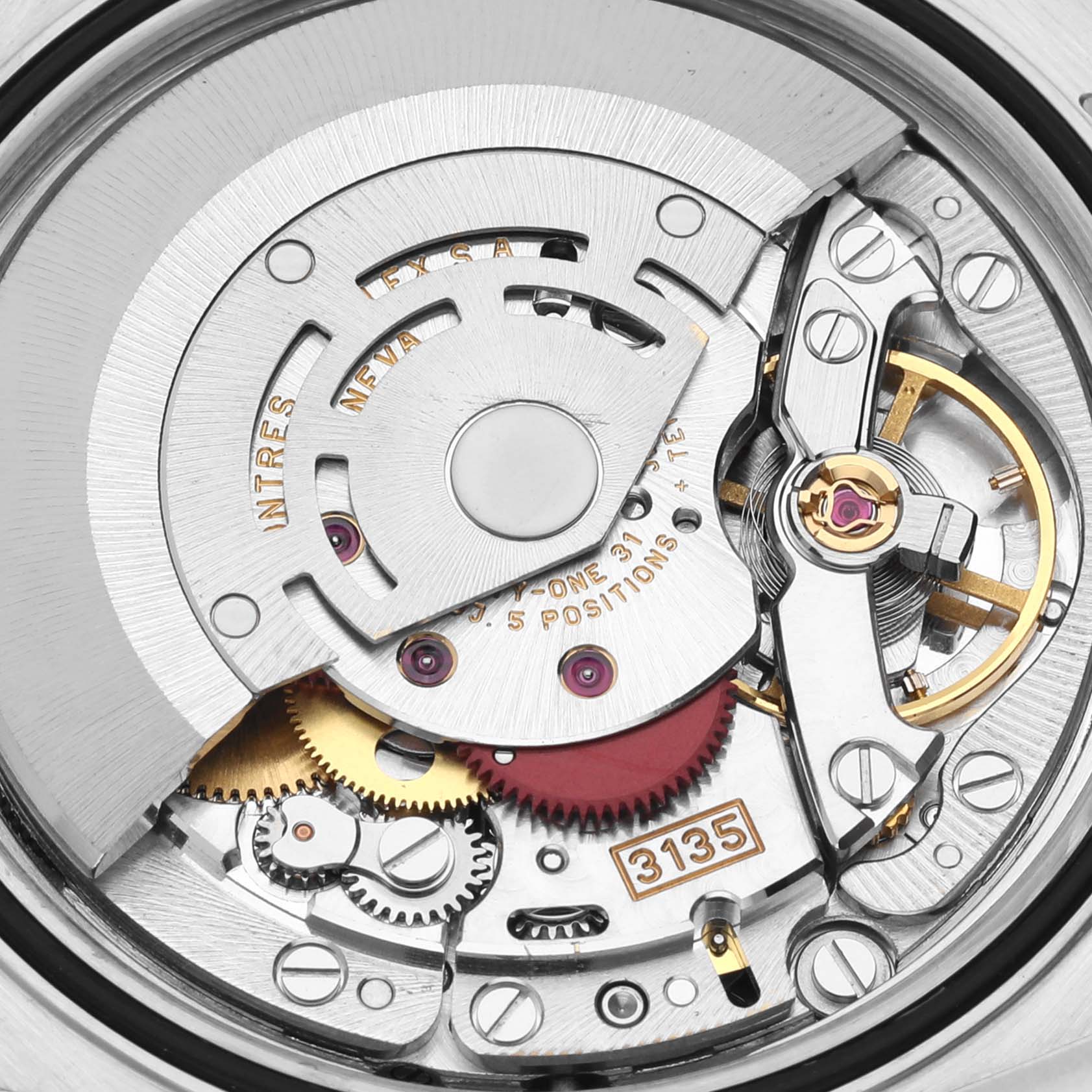 This image shows a close-up view of the movement and inner mechanisms of a Rolex Datejust 16234 Men
s Stainless Steel White Dial 16234 Men
s Stainless Steel White Dial watch.