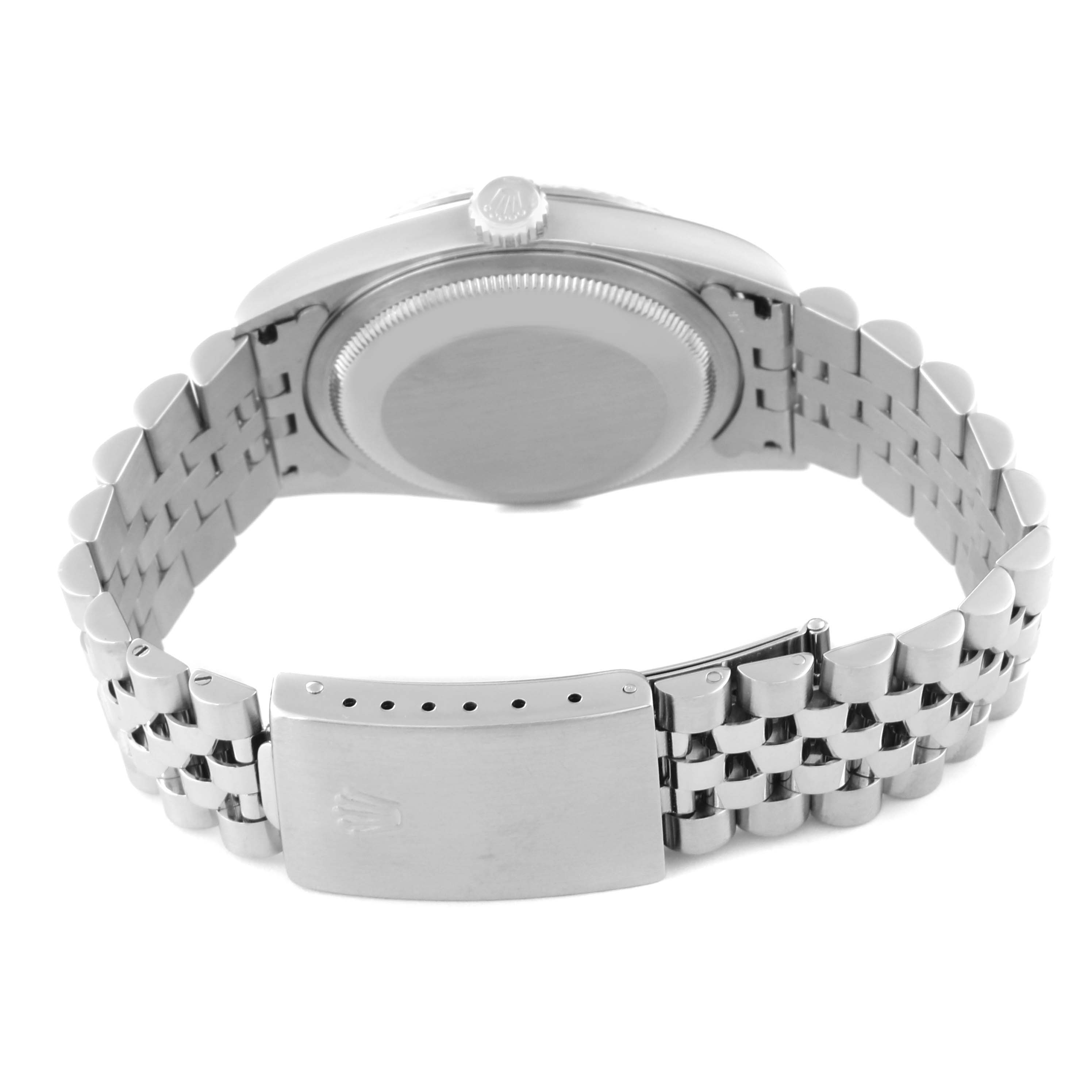 This image shows the back view of a Rolex Datejust 16234 Men
s Stainless Steel White Dial 16234 Men
s Stainless Steel White Dial watch, highlighting the case back and the Jubilee bracelet with clasp.