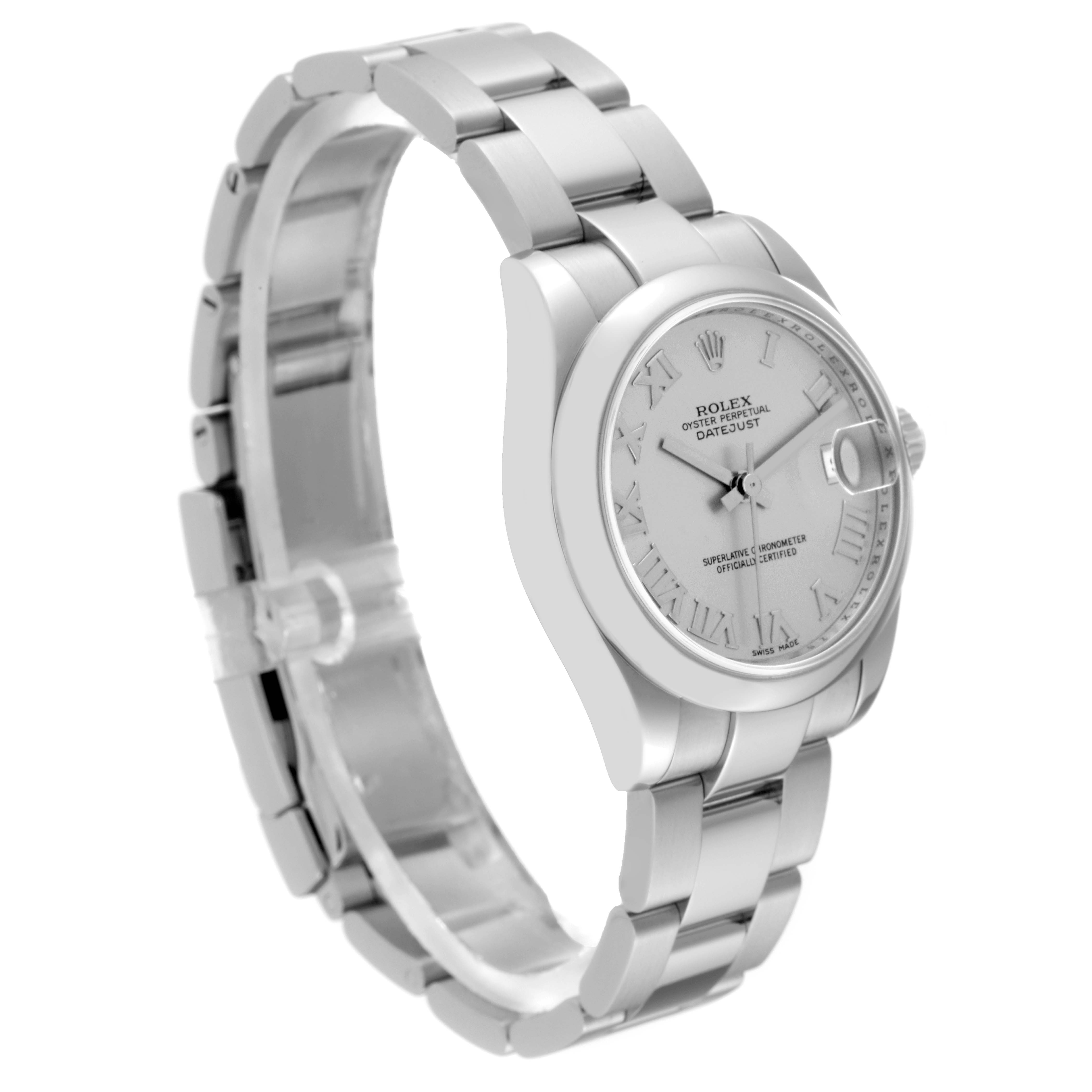 The image shows a side angle of a Rolex Mid-Size 178240 Women's Stainless Steel Silver Dial 178240 Women's Stainless Steel Silver Dial Oyster Perpetual Datejust watch, focusing on its dial and bracelet.