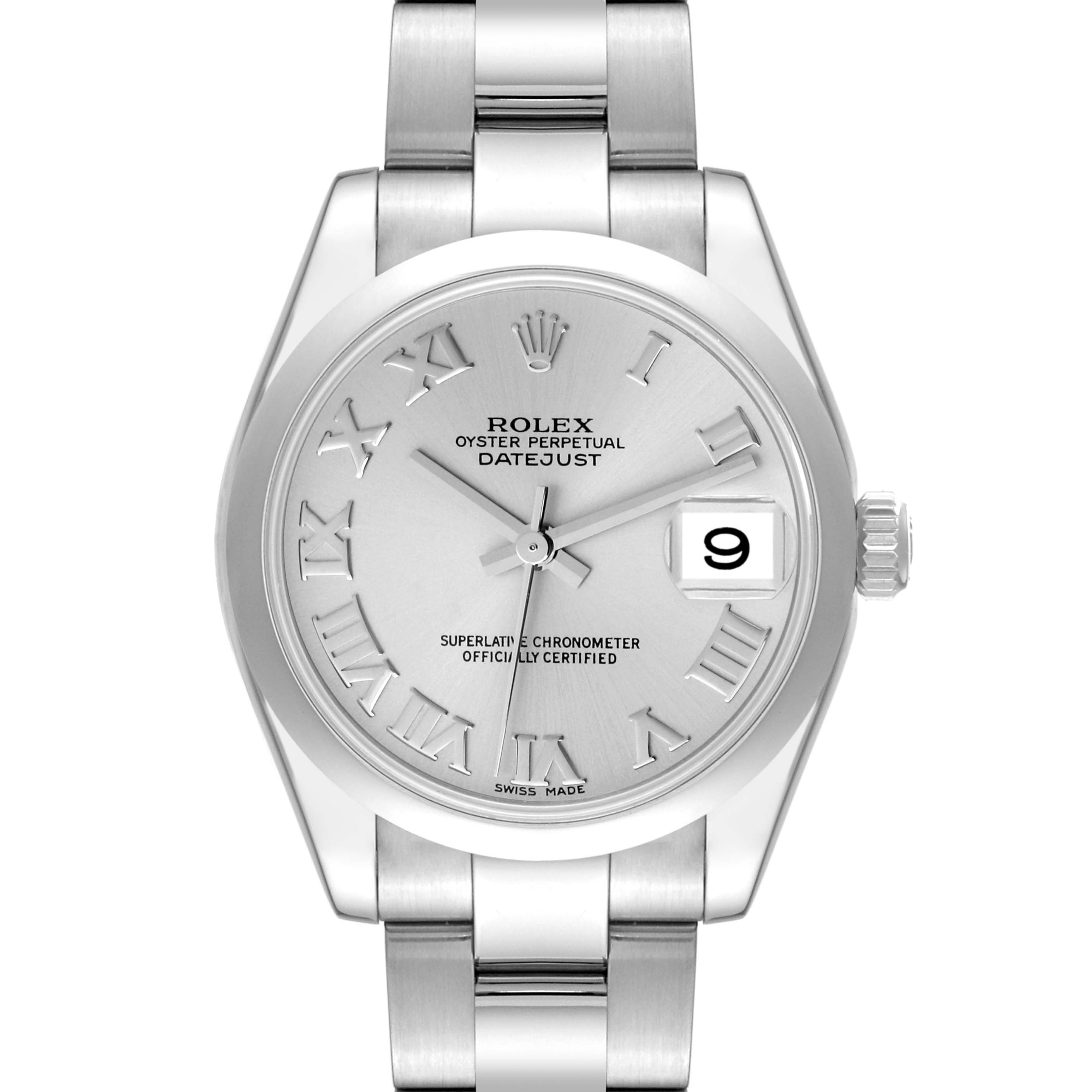 This is a front view of a Rolex Mid-Size 178240 Women's Stainless Steel Silver Dial 178240 Women's Stainless Steel Silver Dial Datejust watch showing the dial, hands, date window, and part of the bracelet.