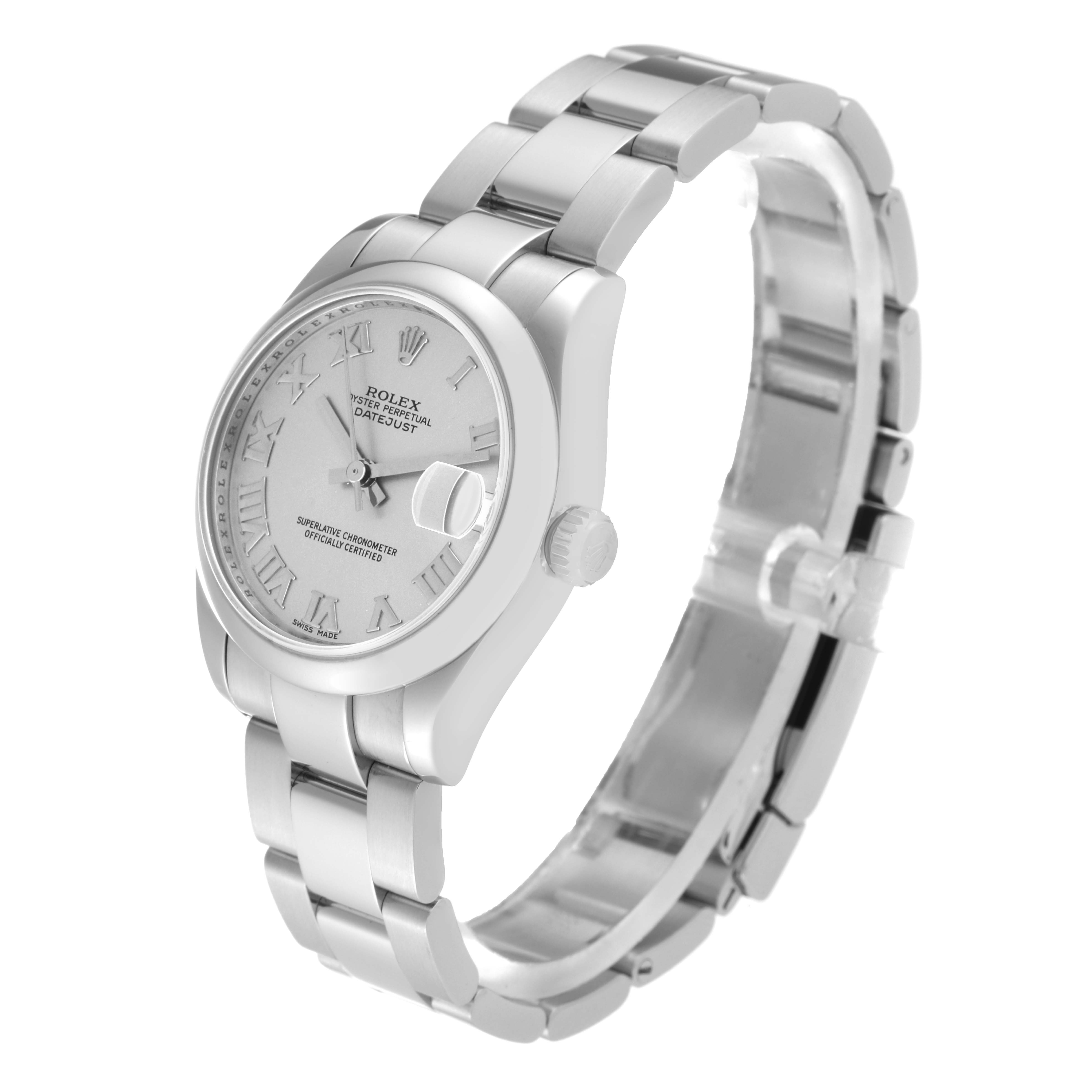 The image shows a Rolex Mid-Size 178240 Women's Stainless Steel Silver Dial 178240 Women's Stainless Steel Silver Dial Datejust watch in a three-quarter angle, highlighting the face, bezel, and bracelet.