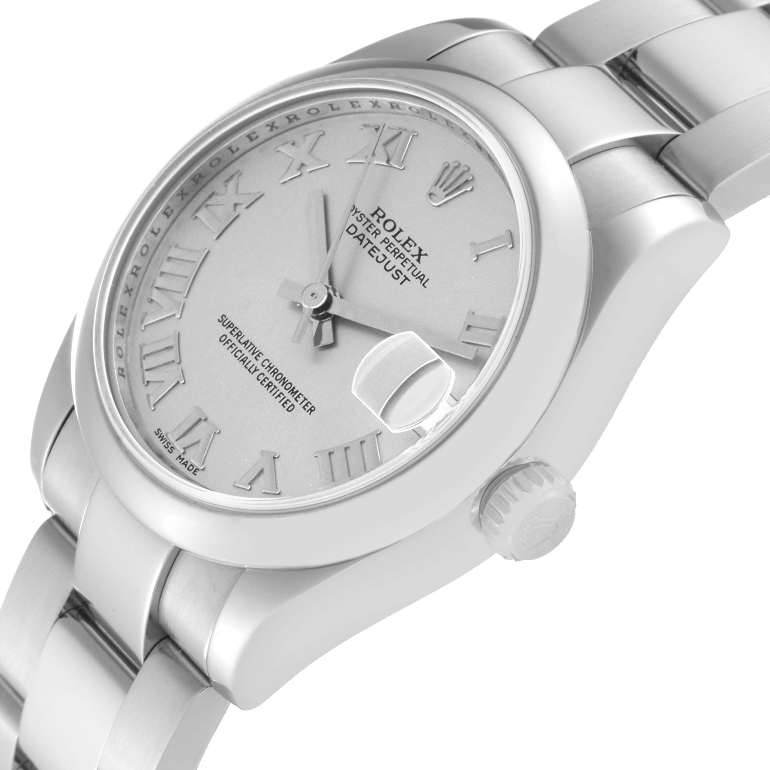 The image shows a side-angle view of a Rolex Mid-Size 178240 Women's Stainless Steel Silver Dial 178240 Women's Stainless Steel Silver Dial Datejust watch, depicting the dial, crown, and part of the bracelet.