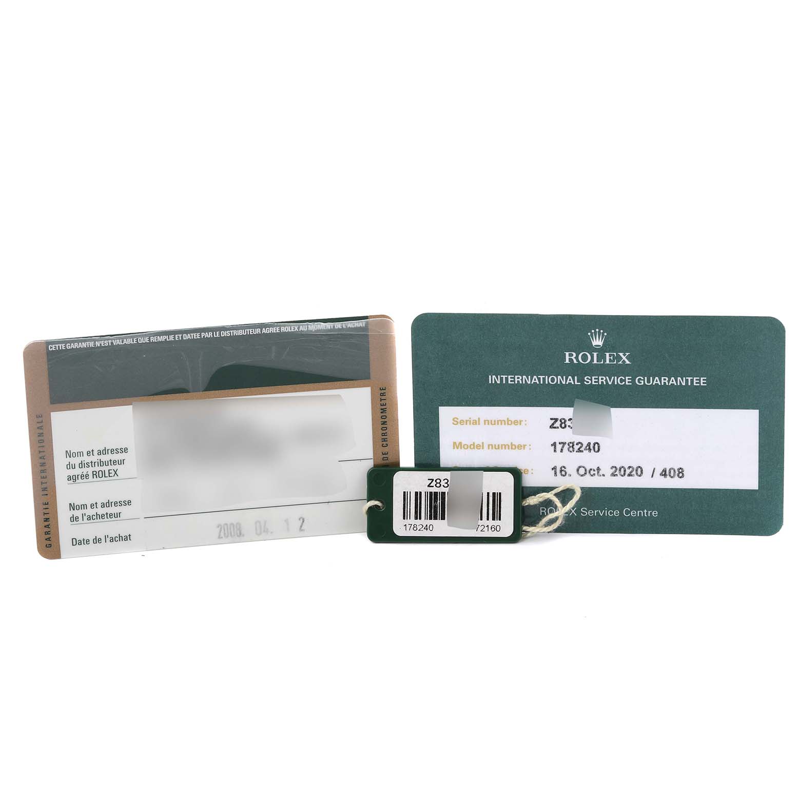 This image shows the warranty card, service guarantee card, and tags for a Rolex Mid-Size 178240 Women's Stainless Steel Silver Dial 178240 Women's Stainless Steel Silver Dial model 178240.