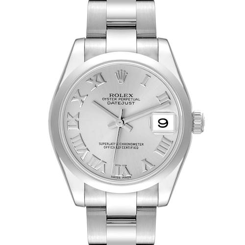 The image shows a frontal view of the Rolex Oyster Perpetual Datejust Mid-Size watch, highlighting the dial, bezel, bracelet, and crown.