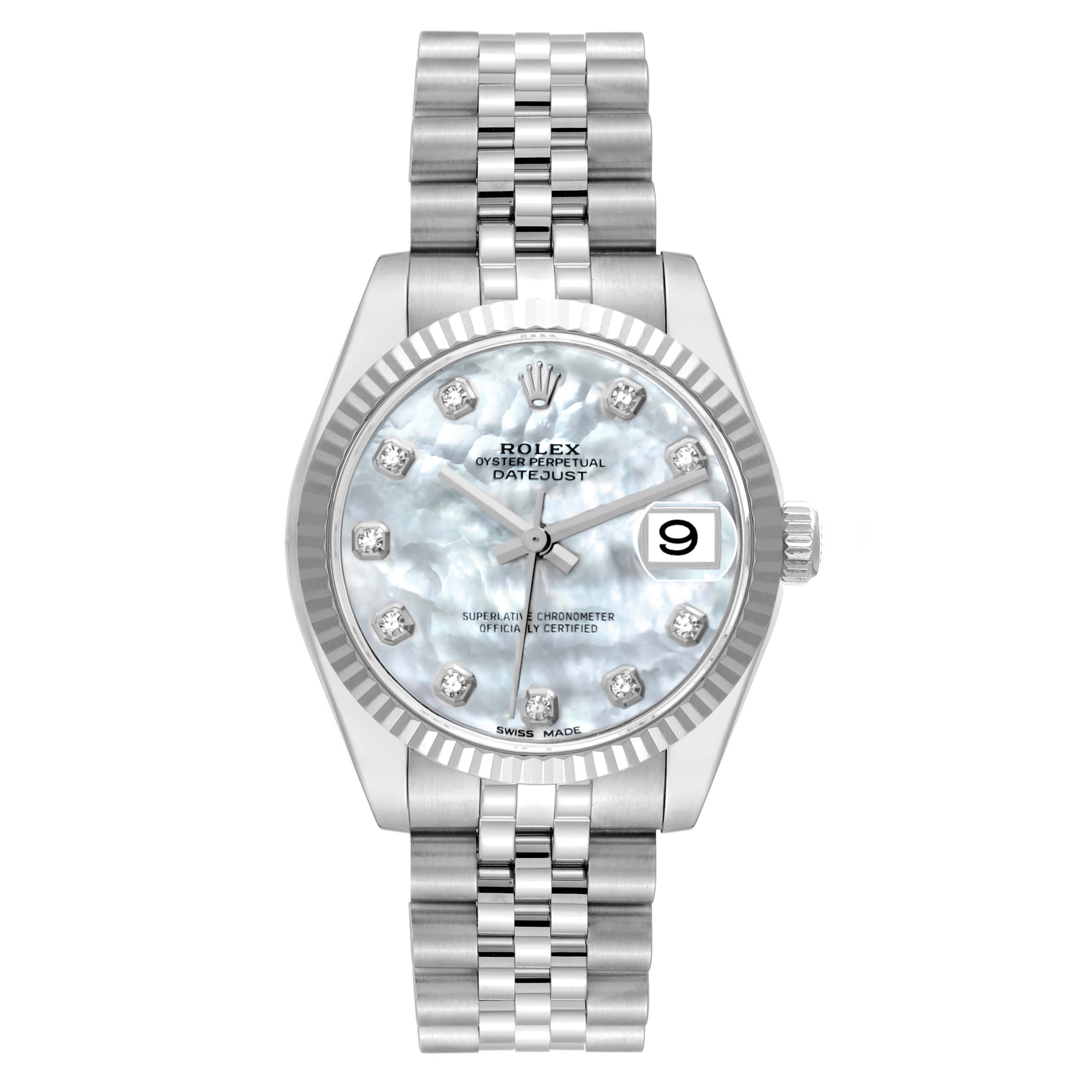 This image shows a front view of the Rolex Oyster Perpetual Datejust Mid-Size watch, displaying its dial, bezel, and bracelet.