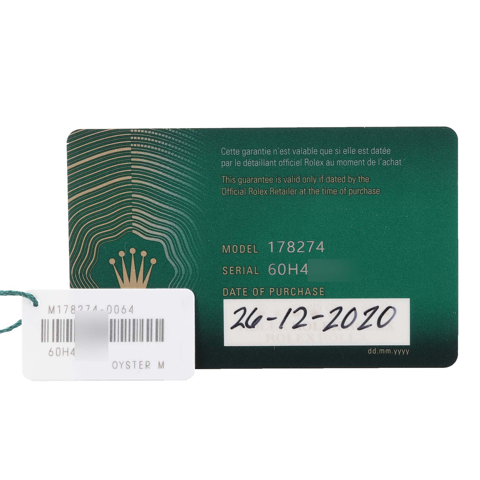 The image shows the warranty card and tag for the Rolex Mid-Size 178274 Women's Stainless Steel Mother of Pearl Dial 178274 Women's Stainless Steel Mother of Pearl Dial model 178274, with the purchase date of 26-12-2020.