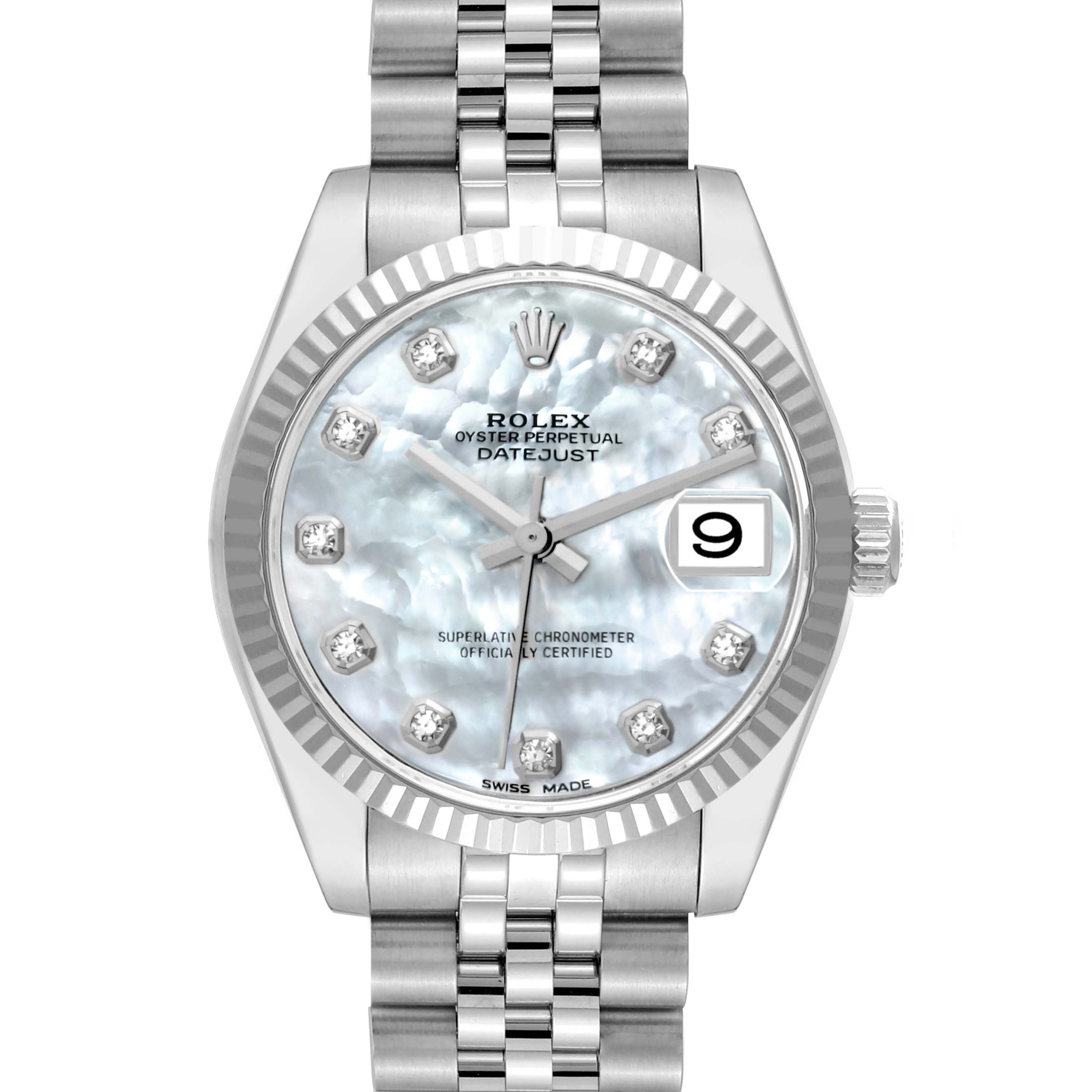 This image shows the front view of a Rolex Mid-Size 178274 Women's Stainless Steel Mother of Pearl Dial 178274 Women's Stainless Steel Mother of Pearl Dial Datejust watch, highlighting its dial, bezel, and bracelet.