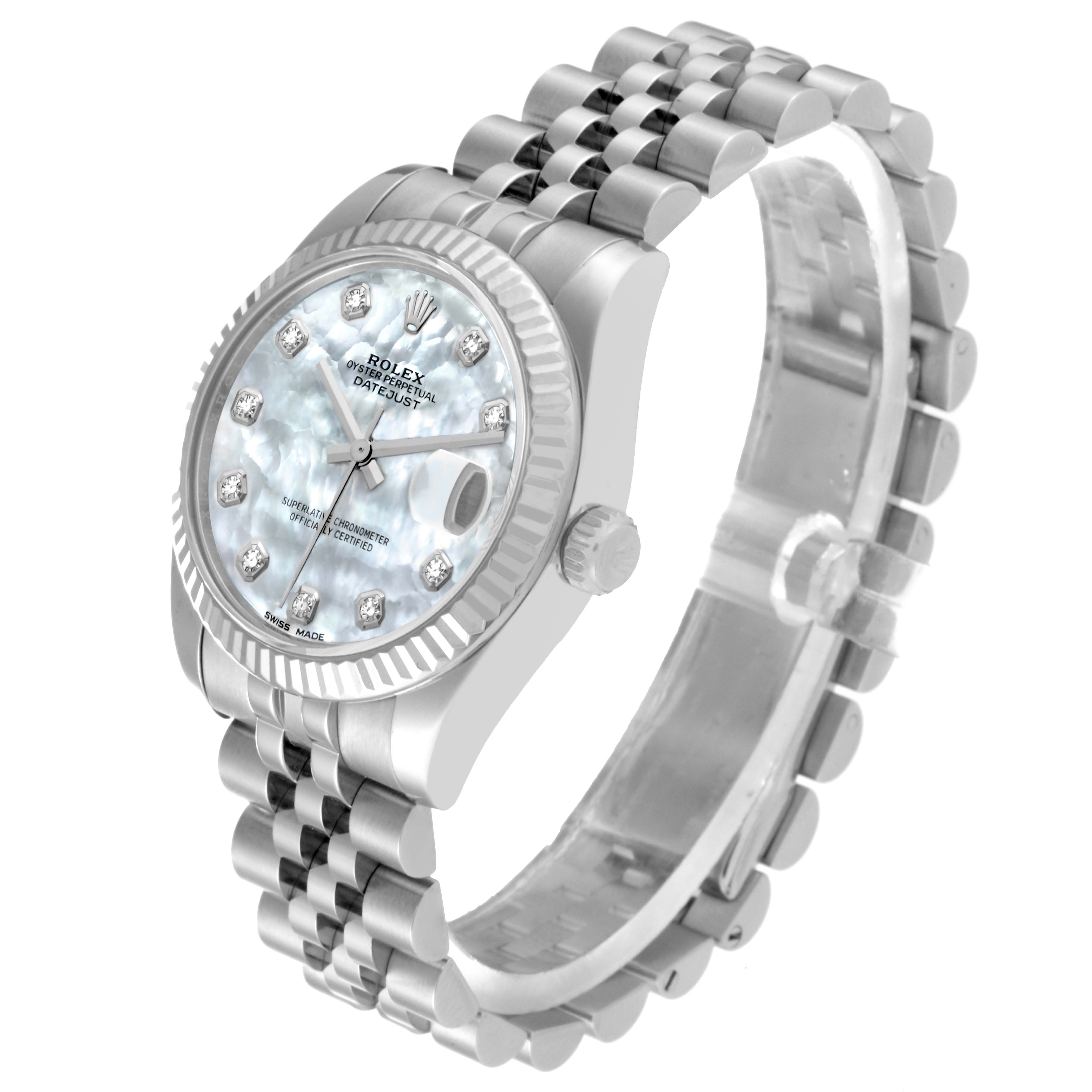 This Mid-Size Rolex watch is shown at an angle highlighting the face, bezel, crown, and bracelet.