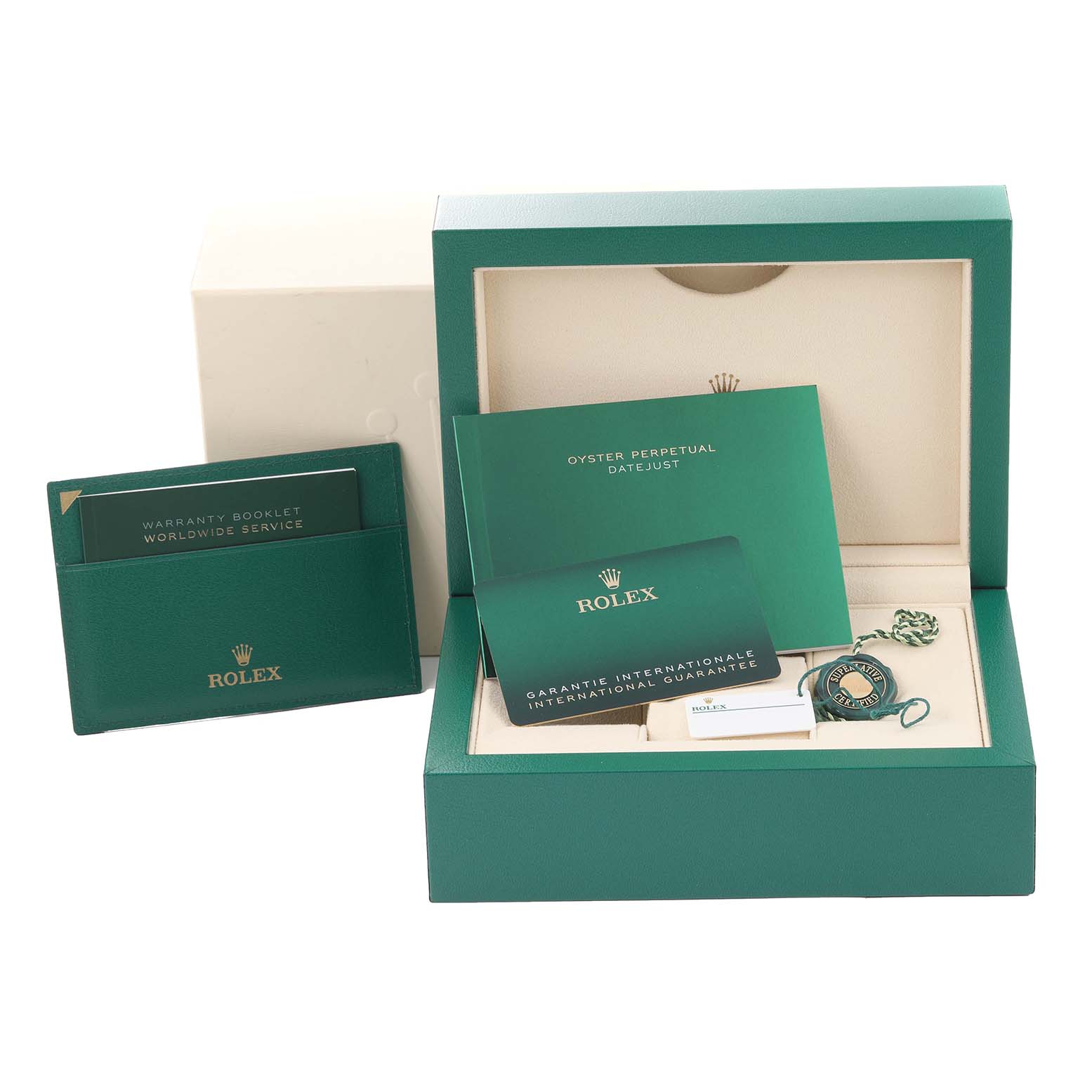 The image shows the packaging and accessories of a Rolex Mid-Size 178274 Women's Stainless Steel Mother of Pearl Dial 178274 Women's Stainless Steel Mother of Pearl Dial model from a front angle, including booklets, warranty card, and tags.