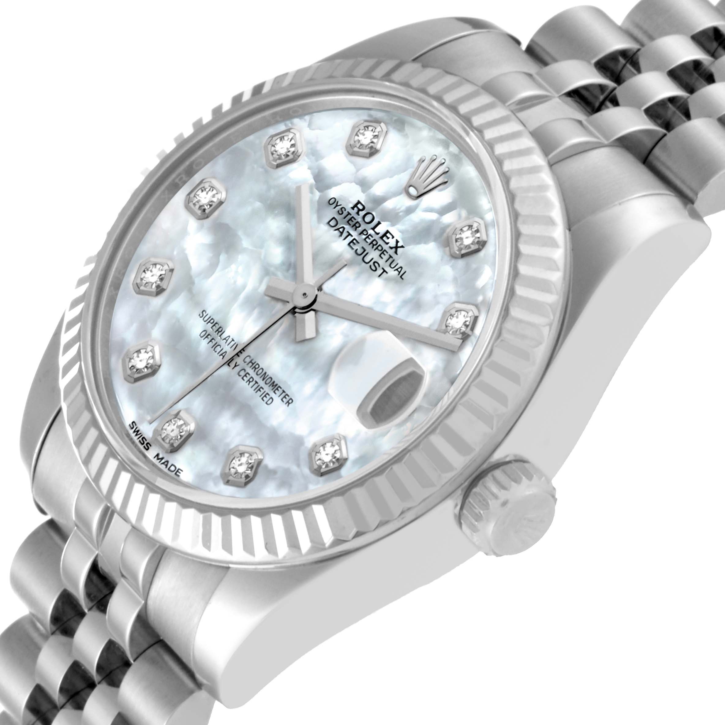 The image shows a close-up angle of a Rolex Mid-Size 178274 Women's Stainless Steel Mother of Pearl Dial 178274 Women's Stainless Steel Mother of Pearl Dial Datejust, displaying the dial, hands, bezel, and part of the bracelet.