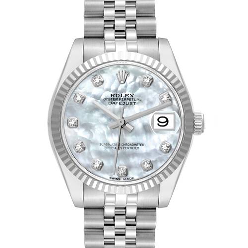 This image shows a front view of a mid-size Rolex Datejust watch, displaying the dial, hands, date window, and part of the bracelet.