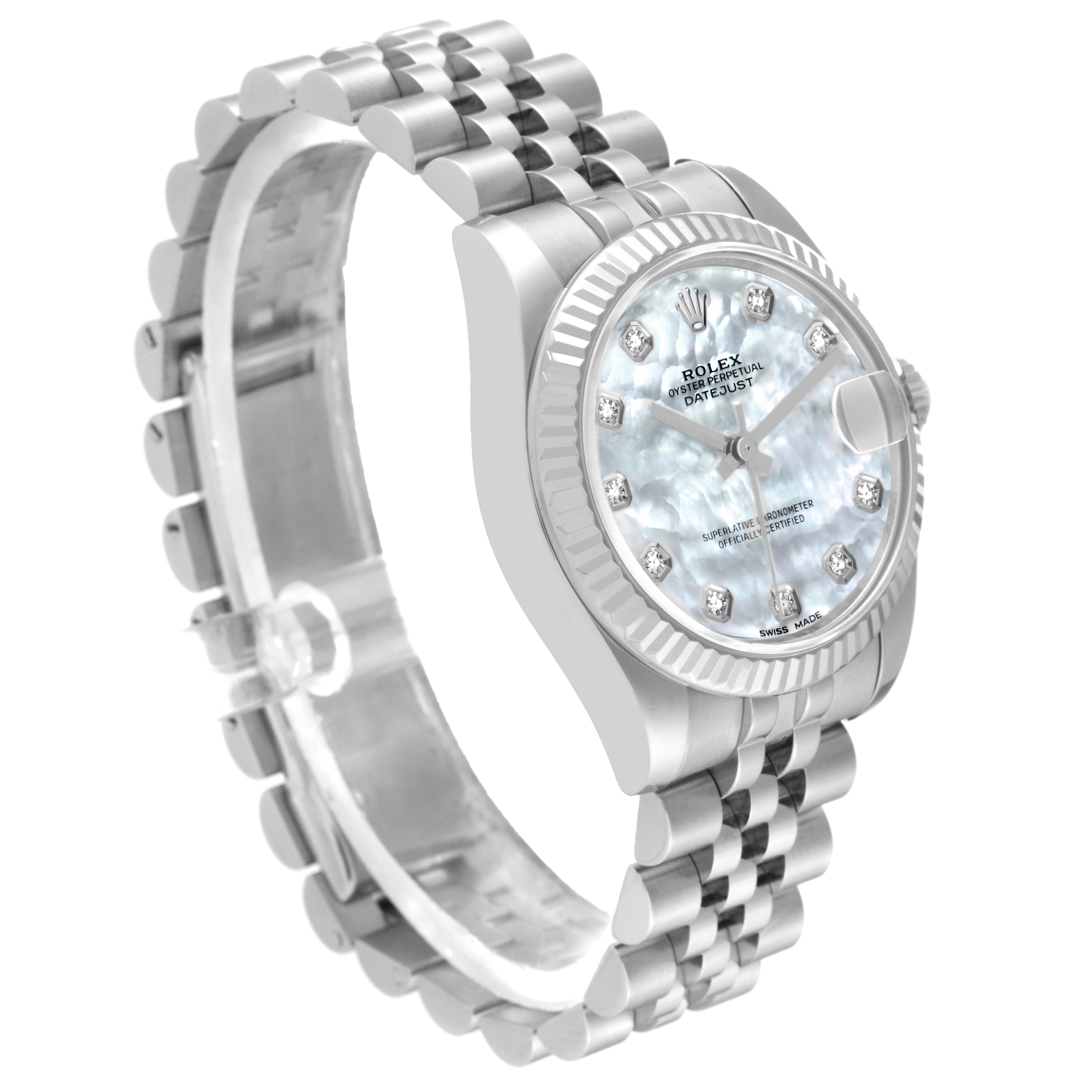 The Rolex Mid-Size 178274 Women's Stainless Steel Mother of Pearl Dial 178274 Women's Stainless Steel Mother of Pearl Dial watch is shown from a front-side angle, highlighting its face, bezel, and bracelet.