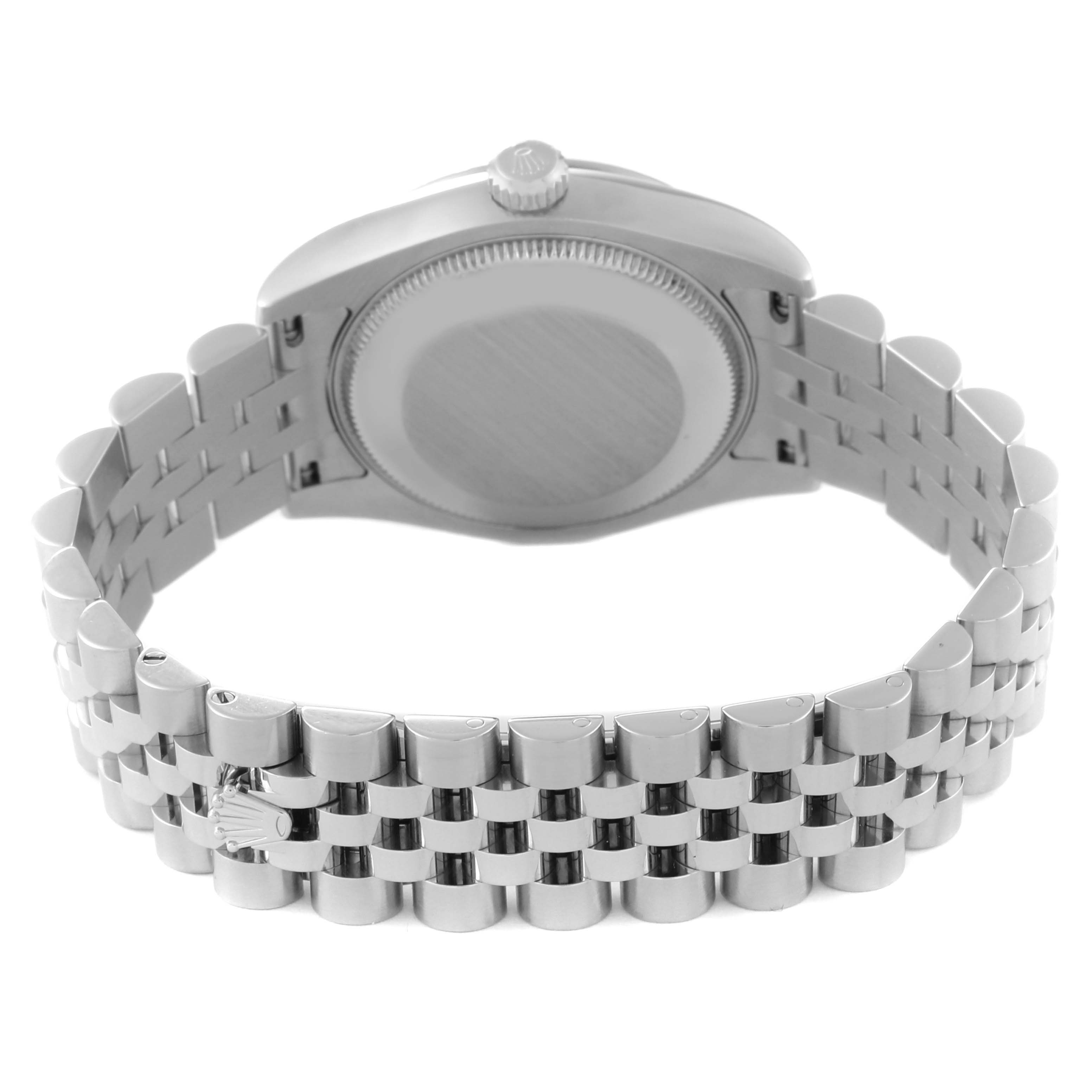 This image shows the backside of the Rolex Mid-Size 178274 Women's Stainless Steel Mother of Pearl Dial 178274 Women's Stainless Steel Mother of Pearl Dial watch, including the case back and metal bracelet.