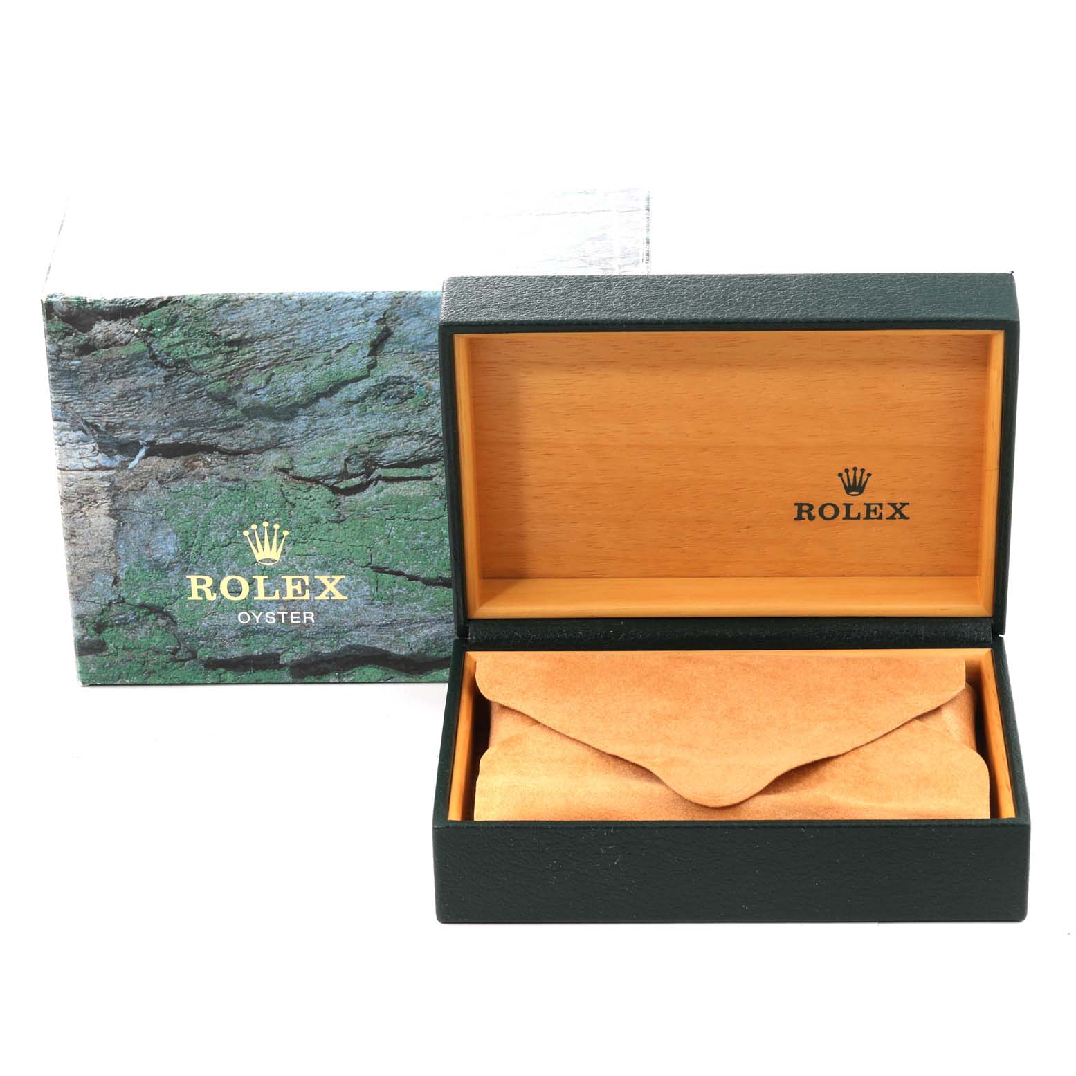 The image shows the packaging for a Rolex Mid-Size 68274 Women's Stainless Steel Pink Dial 68274 Women's Stainless Steel Pink Dial model, including an open watch box with a suede pouch and an outer box.