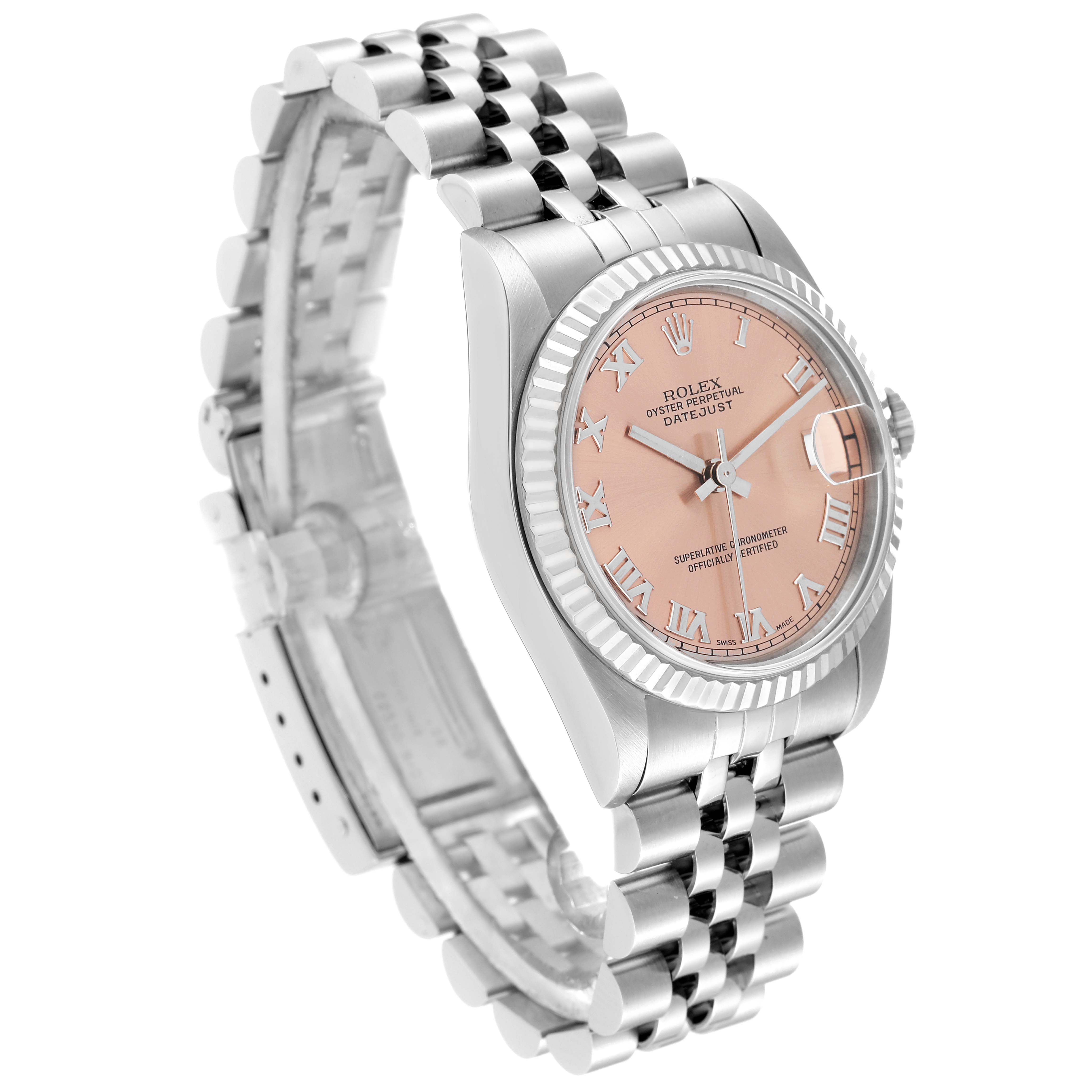 The image shows a Rolex Mid-Size 68274 Women's Stainless Steel Pink Dial 68274 Women's Stainless Steel Pink Dial Datejust watch at a slight angle, displaying its pink dial, fluted bezel, and jubilee bracelet.