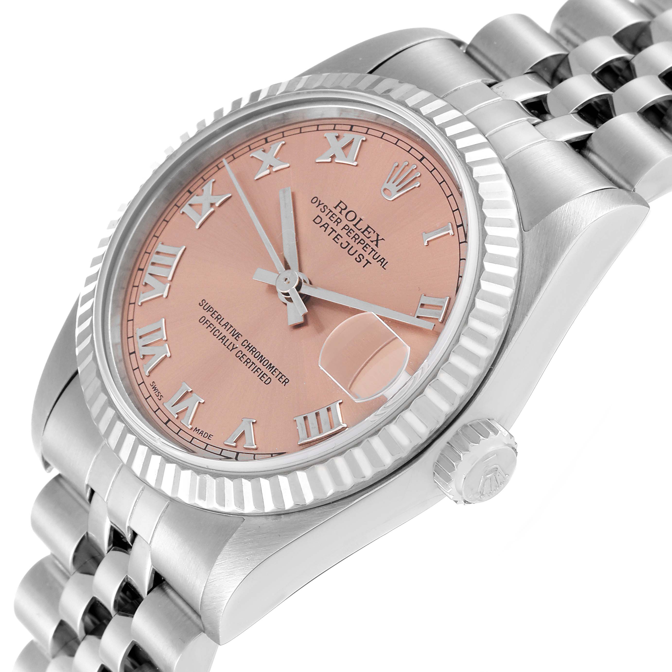 This image shows a Rolex Mid-Size 68274 Women's Stainless Steel Pink Dial 68274 Women's Stainless Steel Pink Dial Oyster Perpetual Datejust watch at an angled view, highlighting its pink dial and stainless steel bracelet.