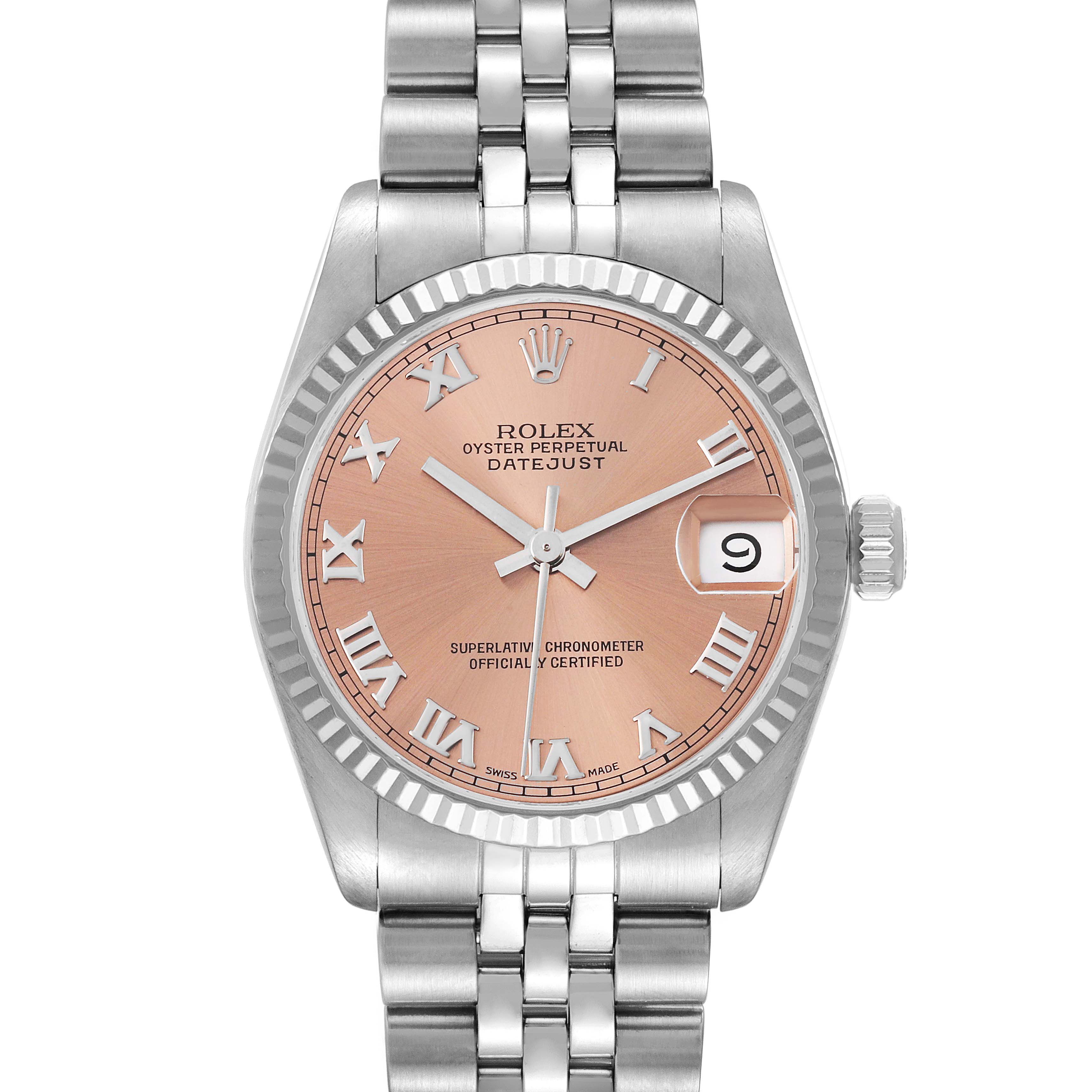 This image shows a front view of a Rolex Oyster Perpetual Datejust Mid-Size watch with a pink dial and Roman numerals.