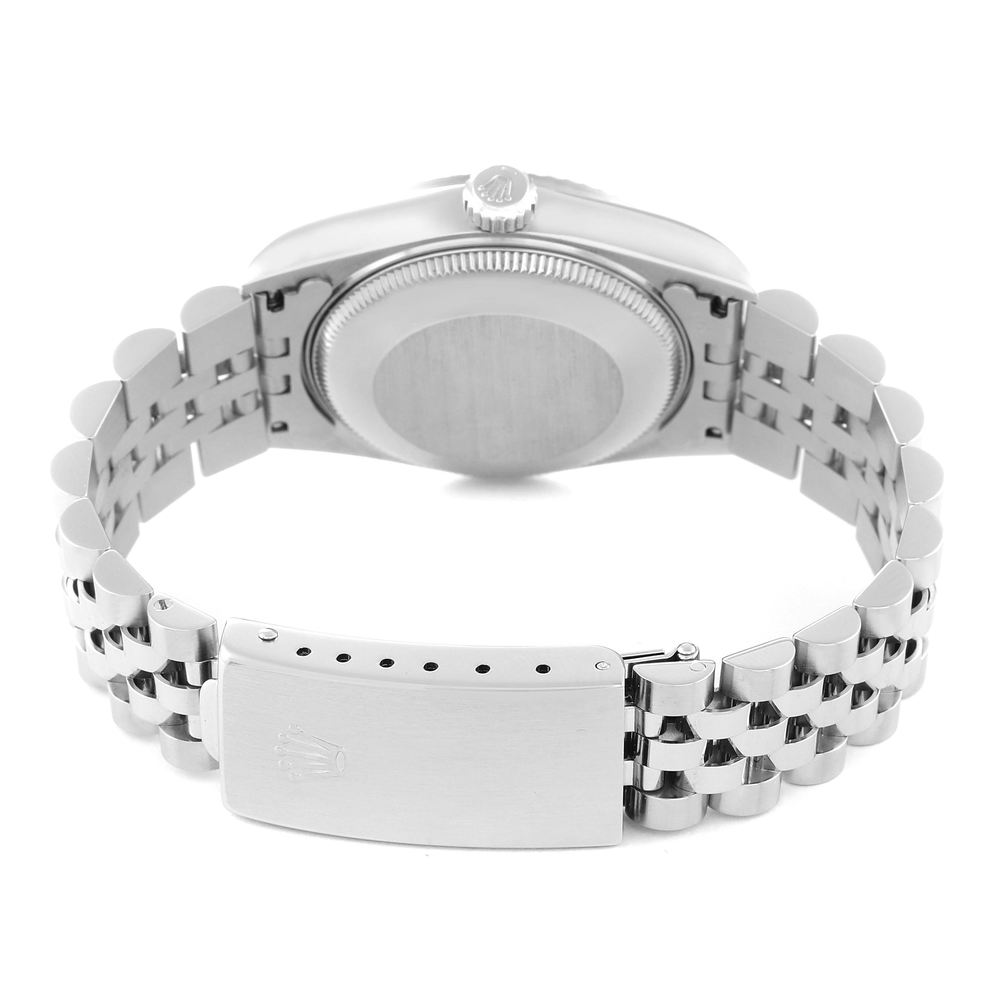 This image shows the back of a Mid-Size Rolex watch, including the case back, crown, and jubilee bracelet with clasp.