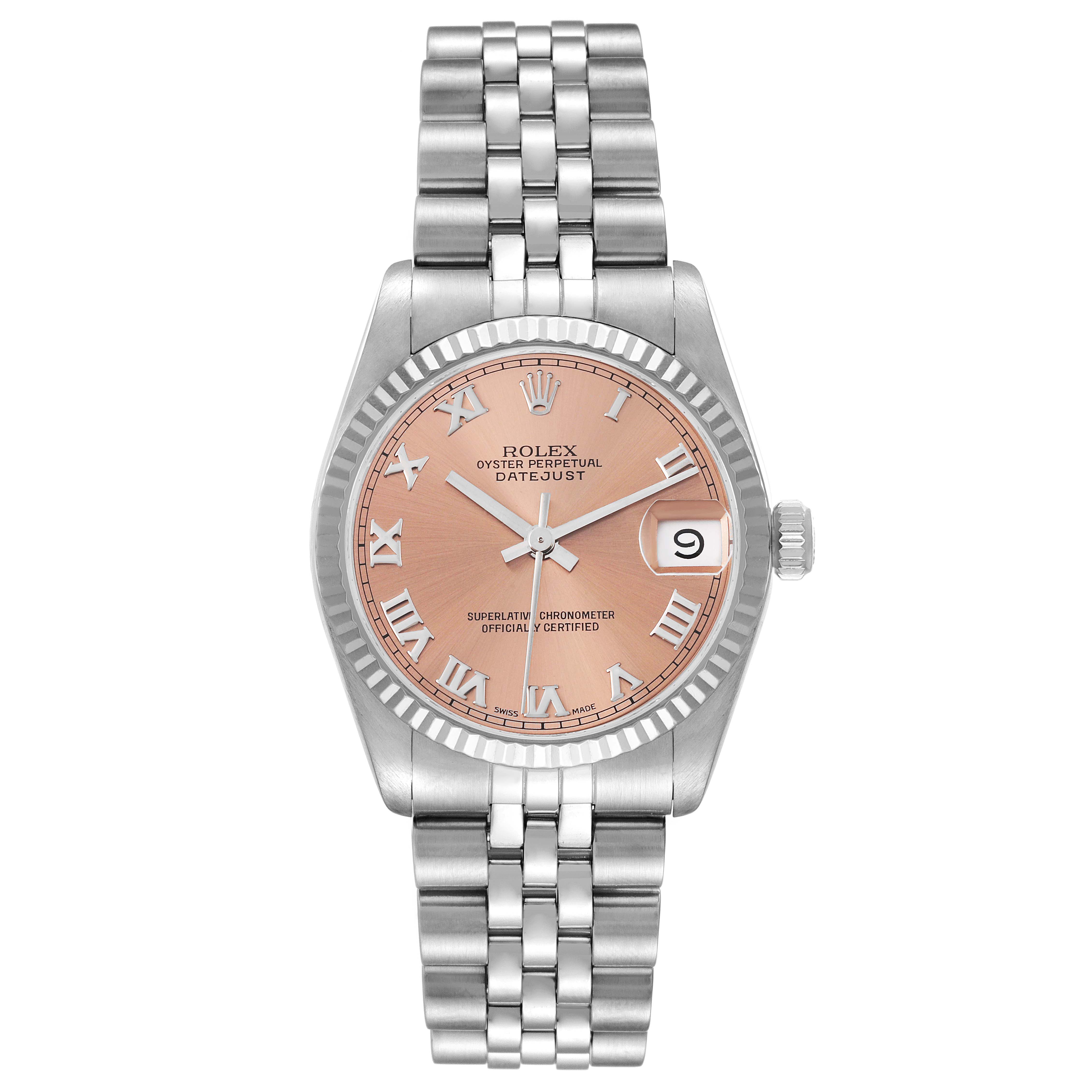 The image shows a frontal view of a Rolex Mid-Size 68274 Women's Stainless Steel Pink Dial 68274 Women's Stainless Steel Pink Dial Datejust watch with a pink dial, Roman numerals, and a jubilee bracelet.