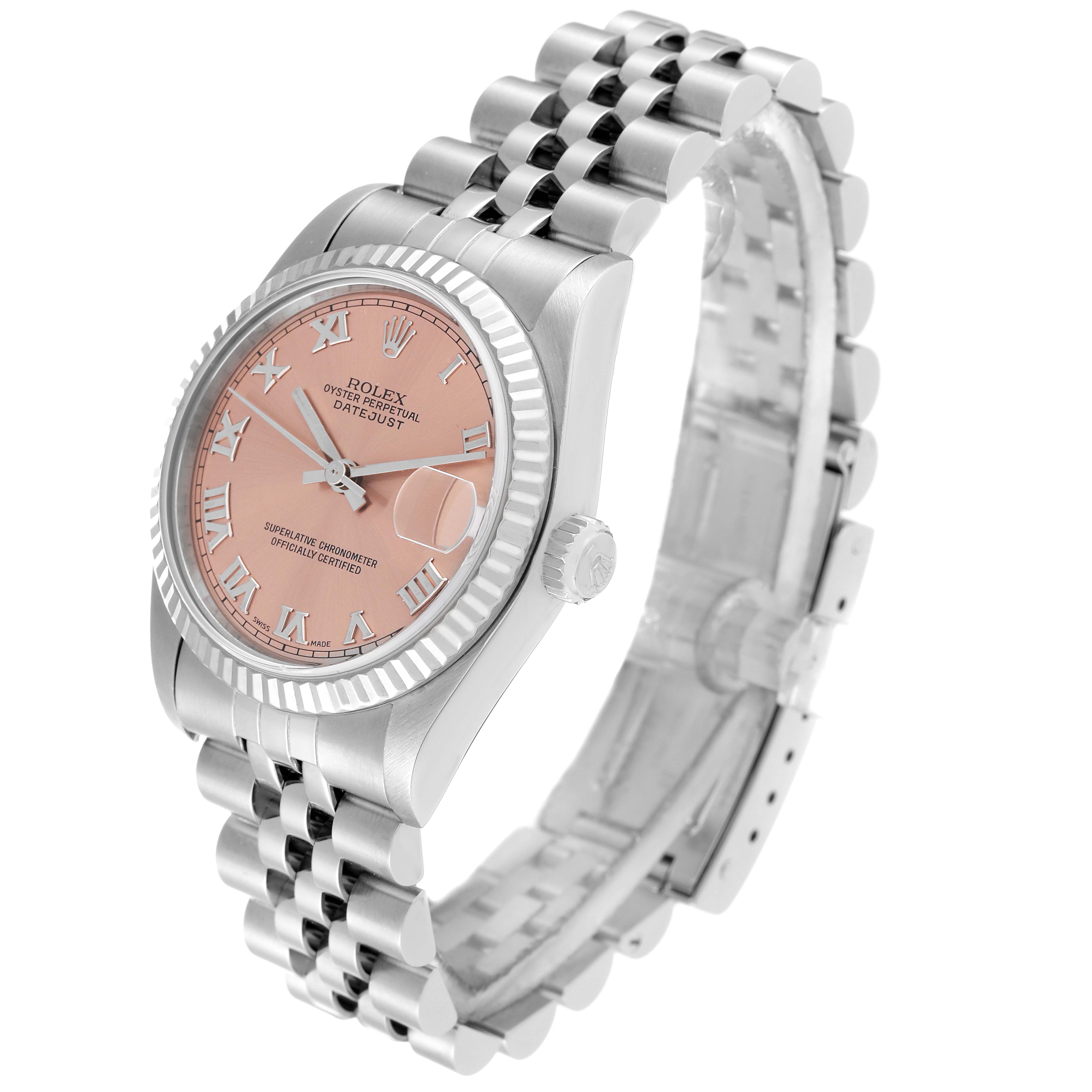 The Rolex Mid-Size 68274 Women's Stainless Steel Pink Dial 68274 Women's Stainless Steel Pink Dial Datejust watch is shown at a three-quarter angle highlighting its face, dial, crown, and bracelet.