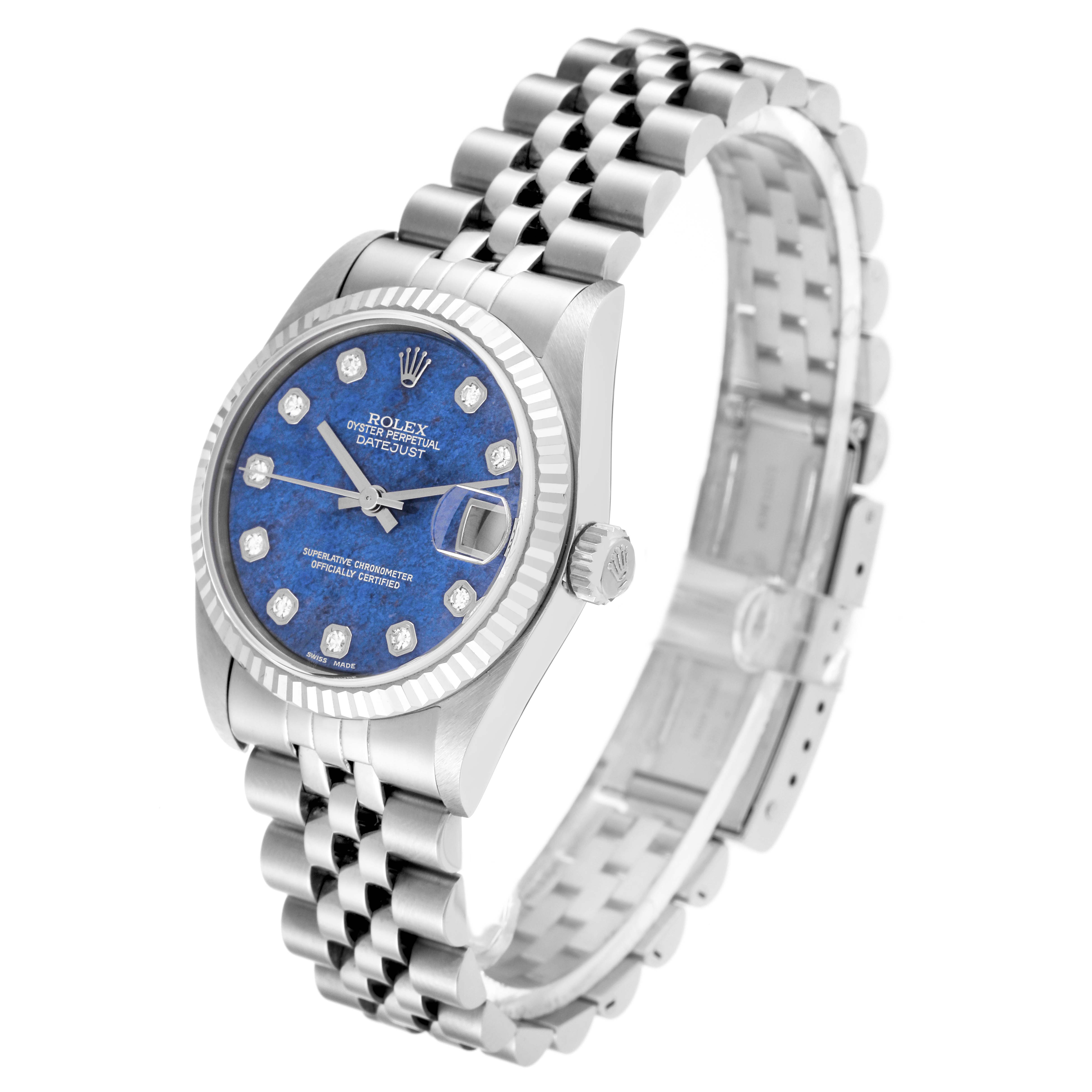 The Rolex Mid-Size 78274 Women's Stainless Steel Blue Dial 78274 Women's Stainless Steel Blue Dial watch is shown from a three-quarter angle, displaying its face, bezel, crown, and bracelet.