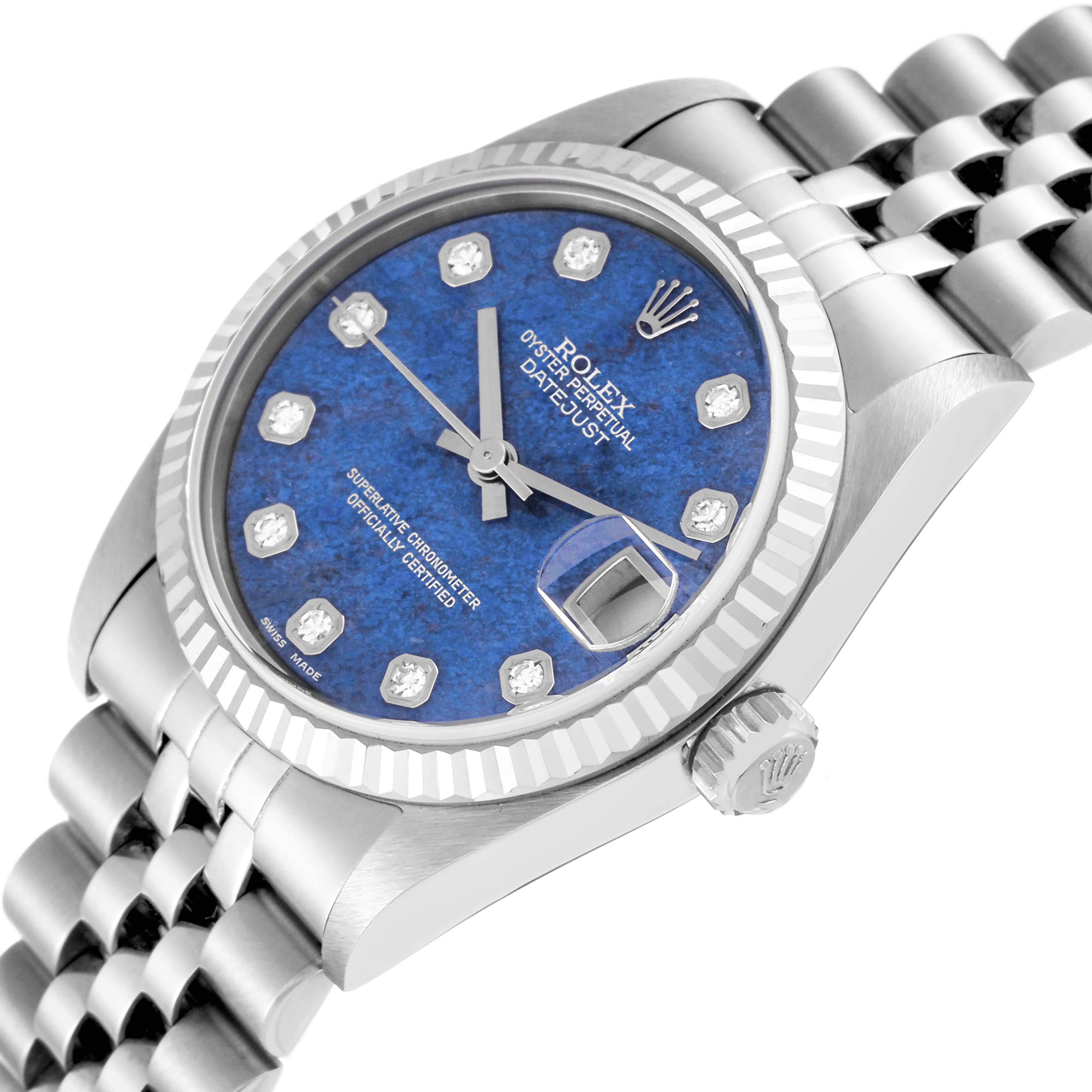 The image shows the Rolex Mid-Size 78274 Women's Stainless Steel Blue Dial 78274 Women's Stainless Steel Blue Dial Datejust watch at an angled side view, displaying the face, bezel, crown, and part of the bracelet.