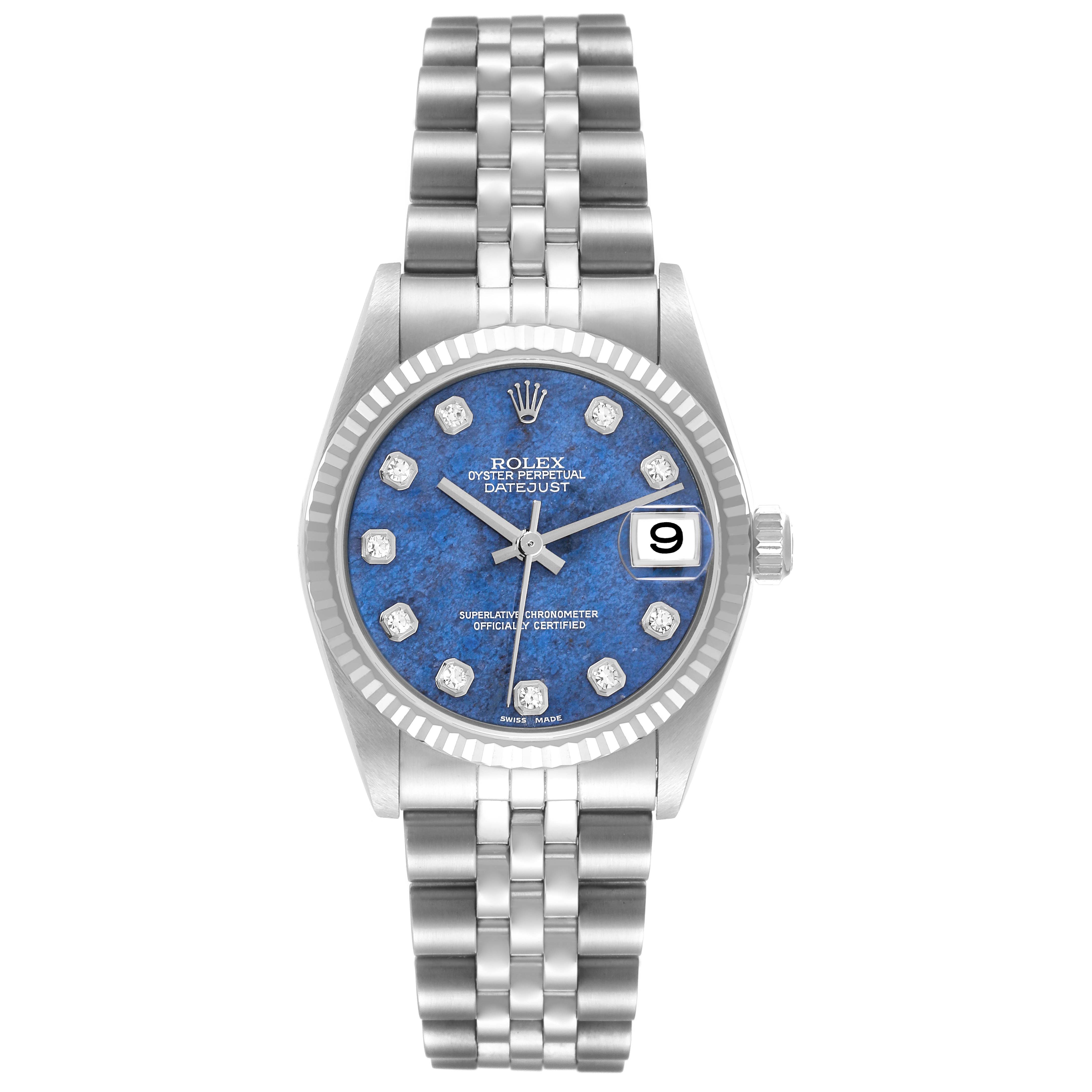 This is a front view of a Rolex Mid-Size 78274 Women's Stainless Steel Blue Dial 78274 Women's Stainless Steel Blue Dial Datejust watch, showing the face, hands, bezel, and bracelet.