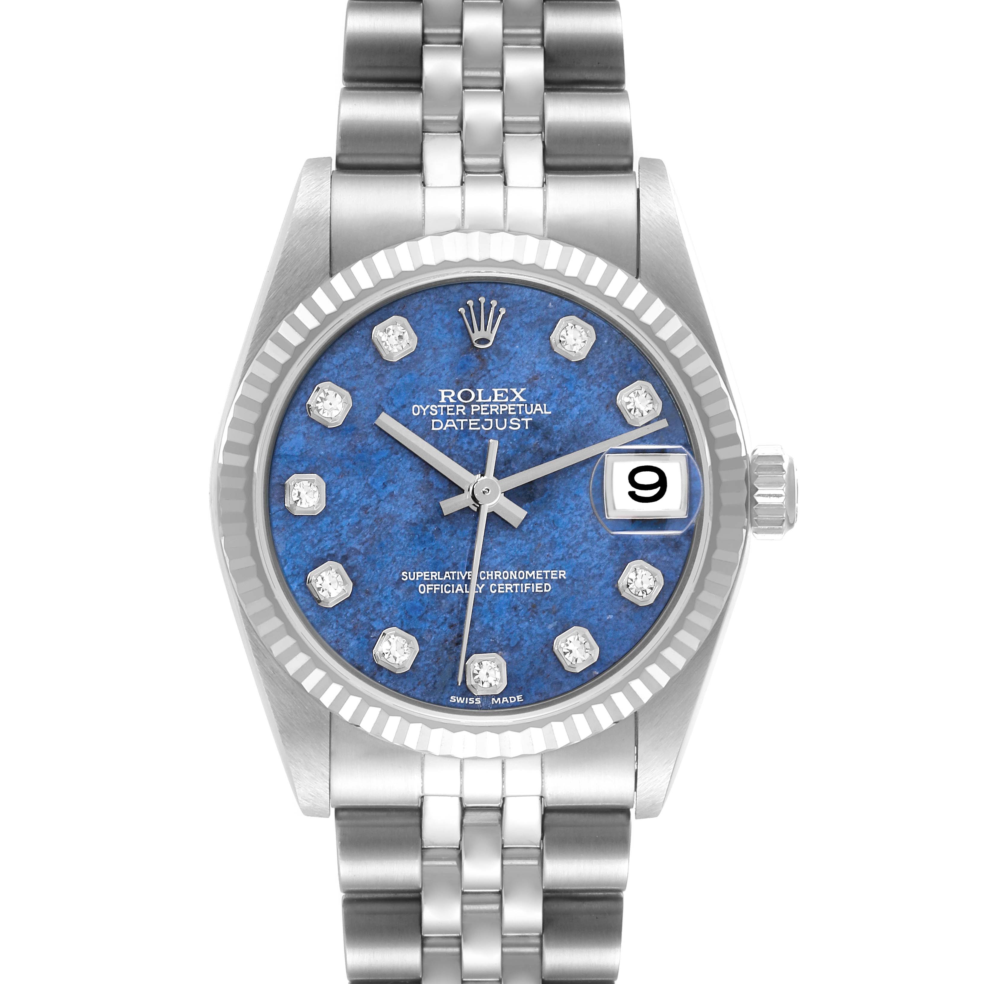 The image shows a front view of a Rolex Datejust Mid-Size watch with a blue dial and diamond hour markers.