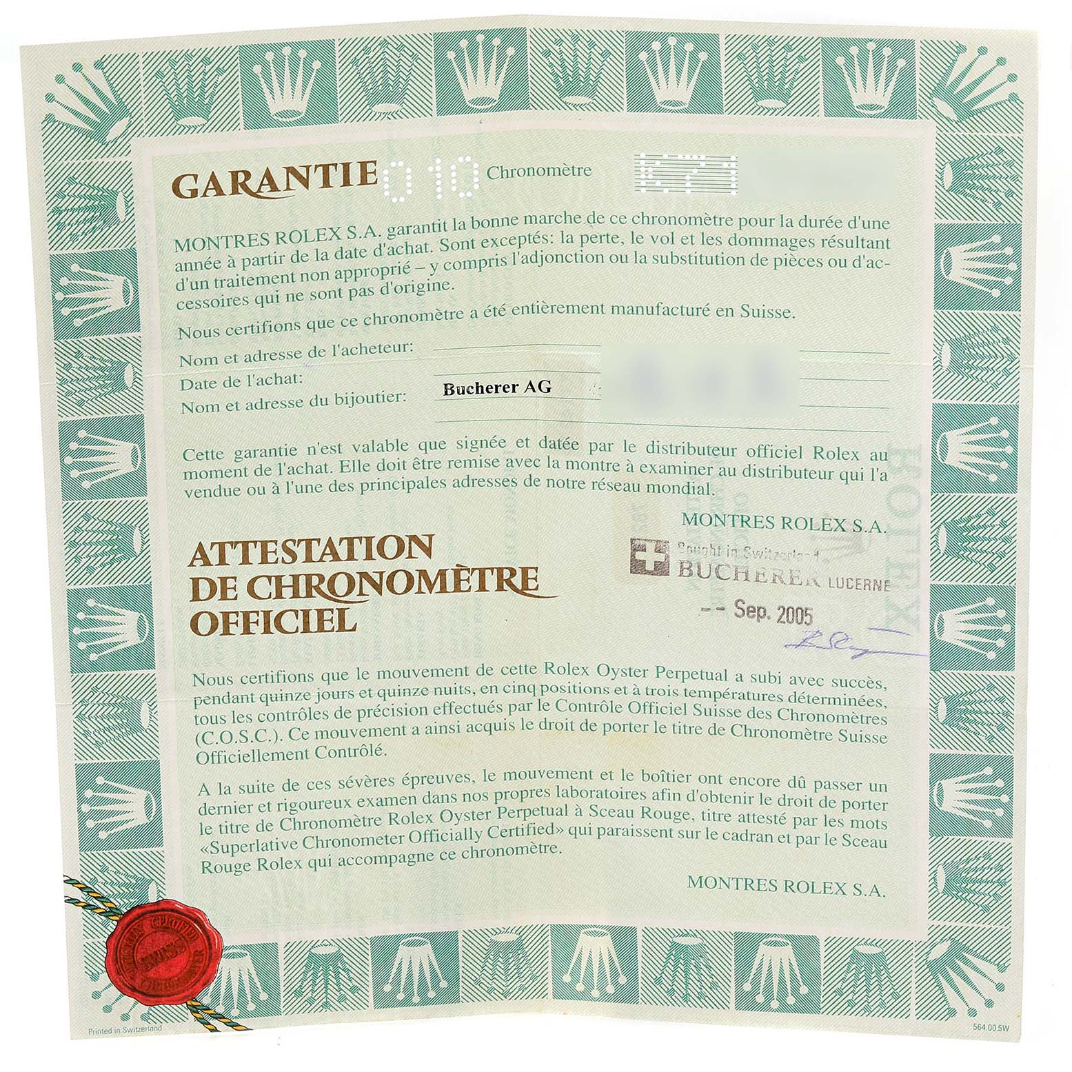 This is a guarantee certificate for a Rolex Mid-Size 78274 Women's Stainless Steel Blue Dial 78274 Women's Stainless Steel Blue Dial model, showing purchase and certification details.