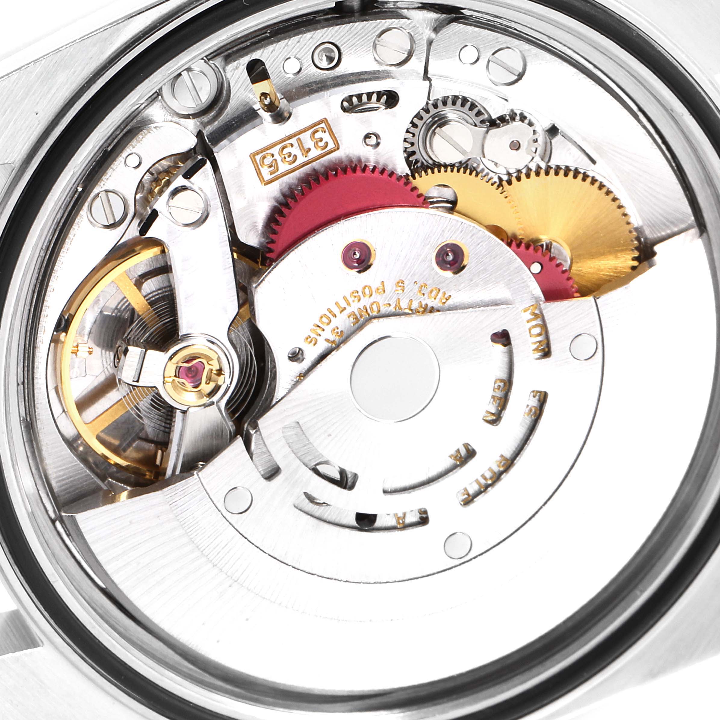 This is a close-up view of the internal movement mechanism of a Rolex Datejust 16234 Men's Stainless Steel Silver Dial 16234 Men's Stainless Steel Silver Dial watch.