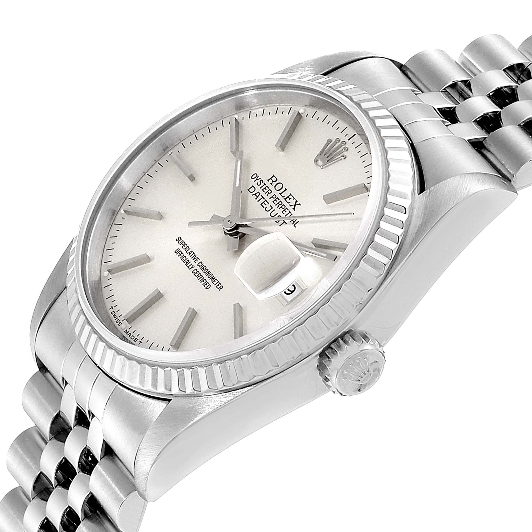 The image shows a Rolex Datejust 16234 Men's Stainless Steel Silver Dial 16234 Men's Stainless Steel Silver Dial watch at an angle highlighting the dial, bezel, crown, and part of the bracelet.