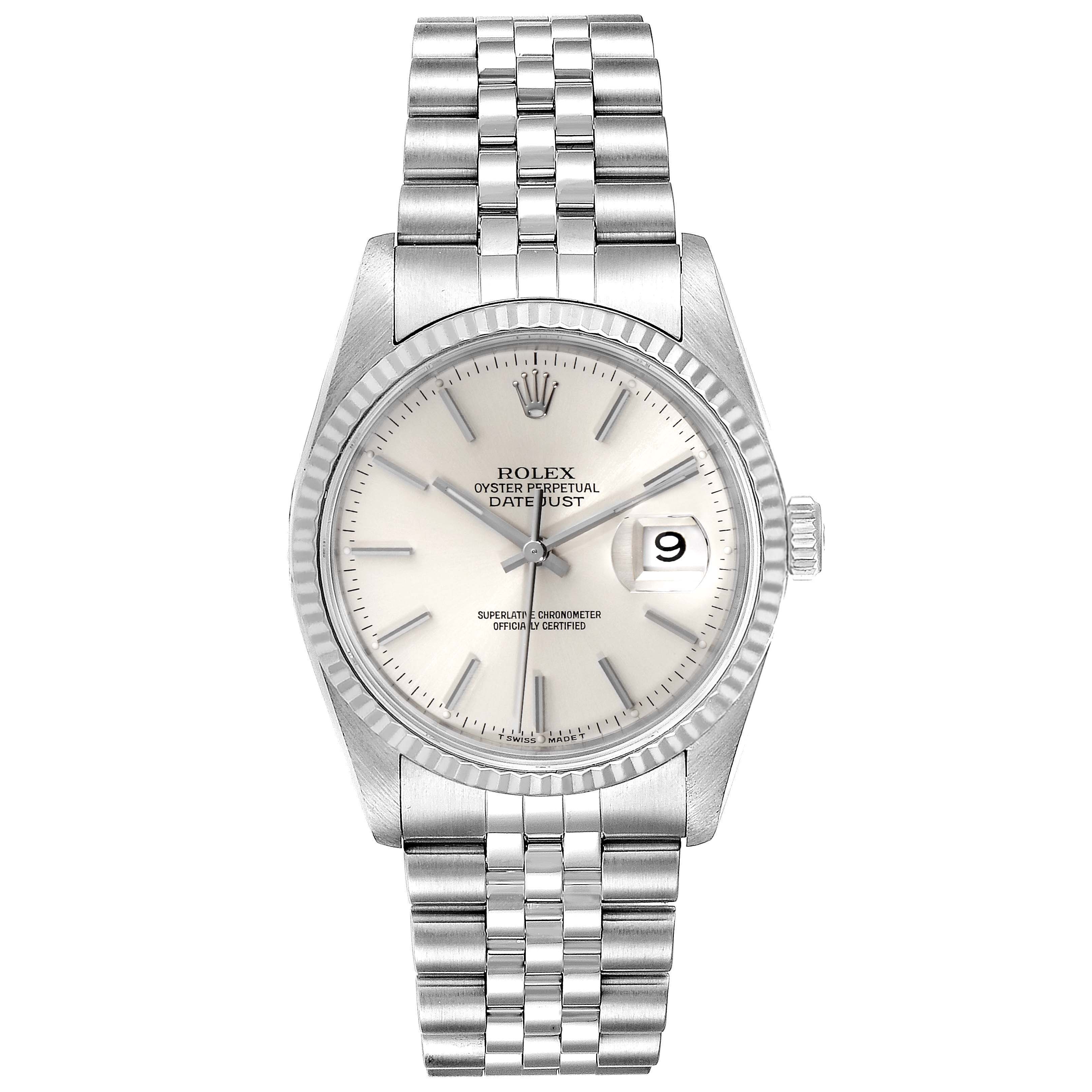 The image shows a Rolex Datejust 16234 Men's Stainless Steel Silver Dial 16234 Men's Stainless Steel Silver Dial watch from a front angle, displaying the dial, bezel, bracelet, and crown.