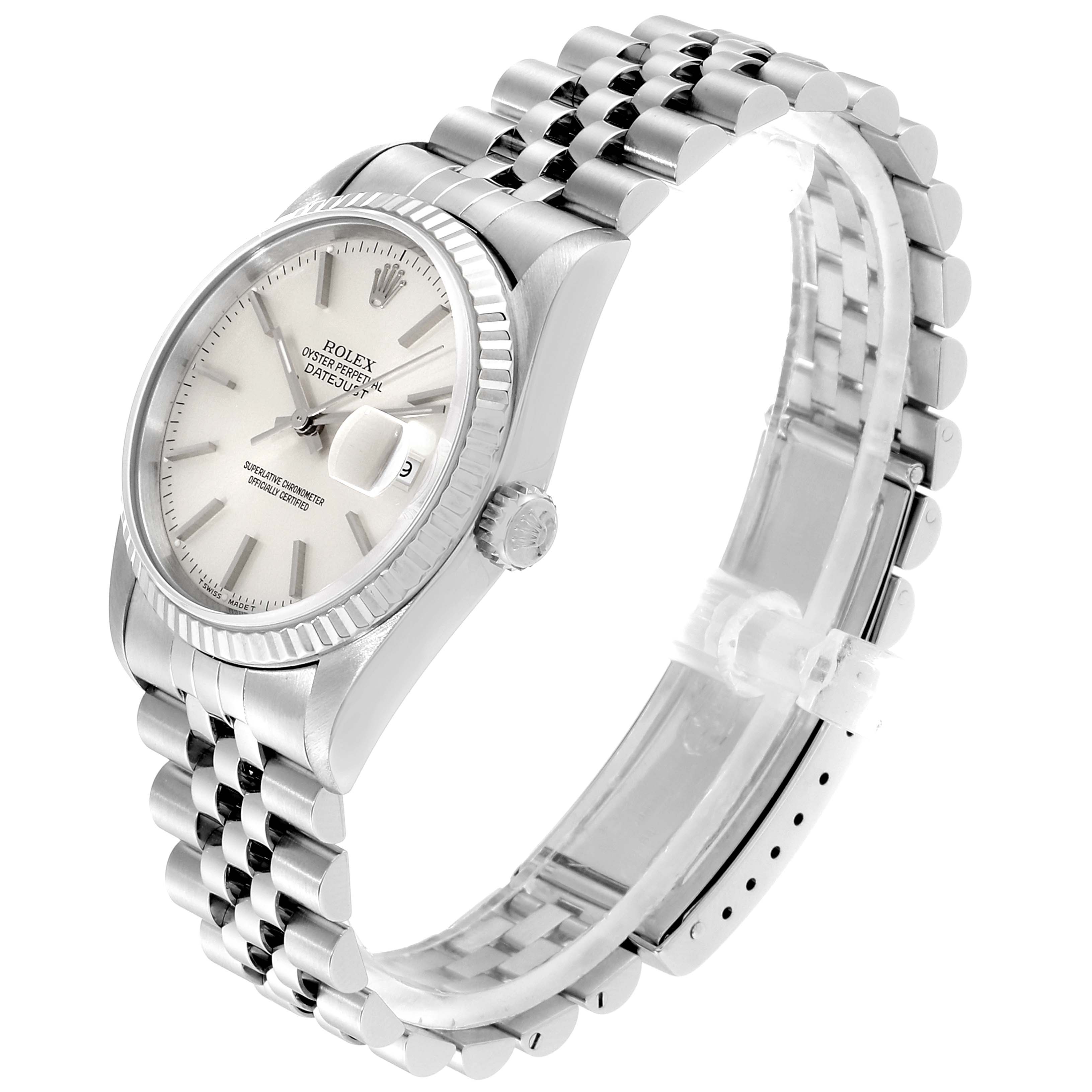 This image shows a Rolex Datejust 16234 Men's Stainless Steel Silver Dial 16234 Men's Stainless Steel Silver Dial watch from a three-quarter front angle, highlighting the dial, case, crown, and bracelet.