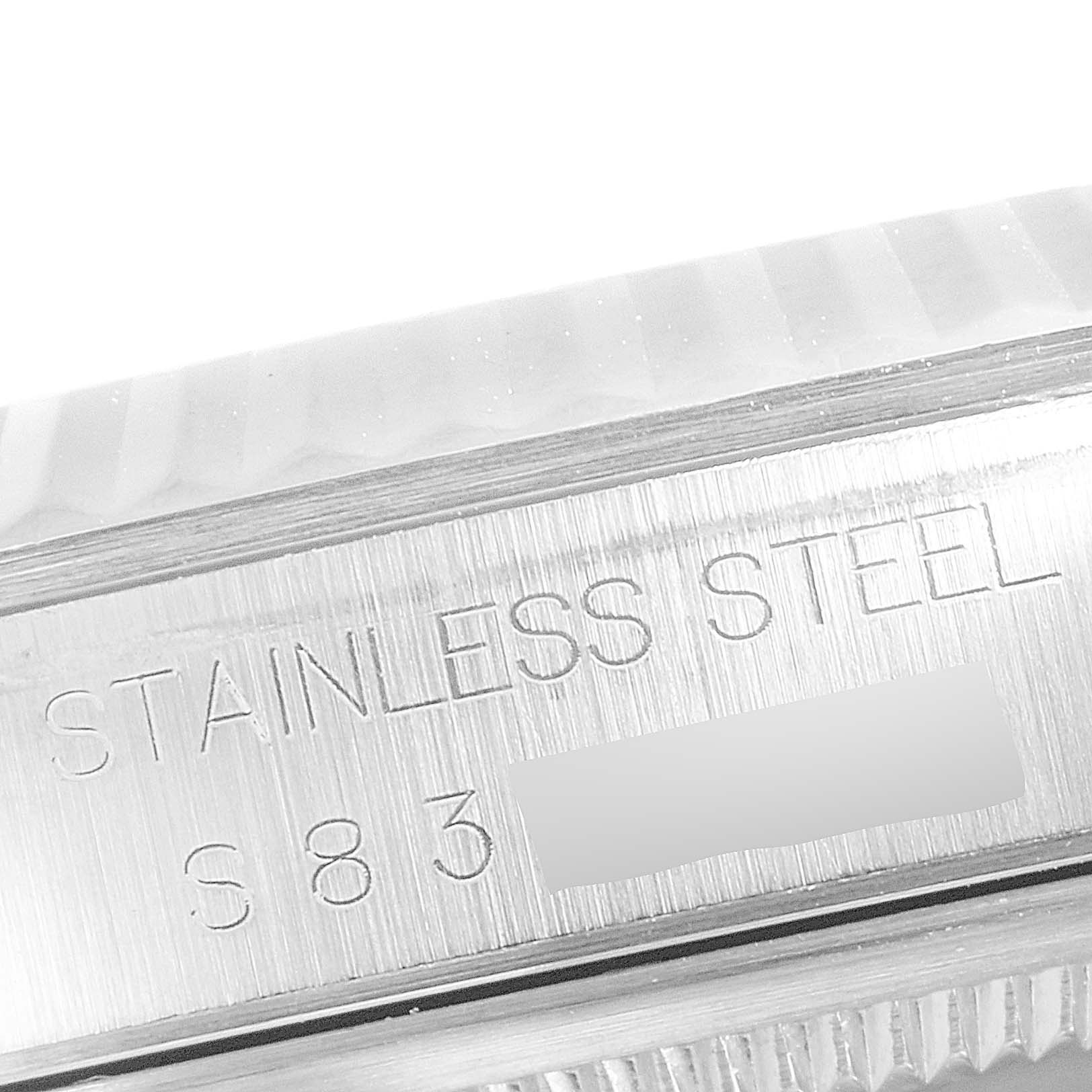 The image shows a close-up view of the stainless steel case of a Rolex Datejust 16234 Men's Stainless Steel Silver Dial 16234 Men's Stainless Steel Silver Dial watch.