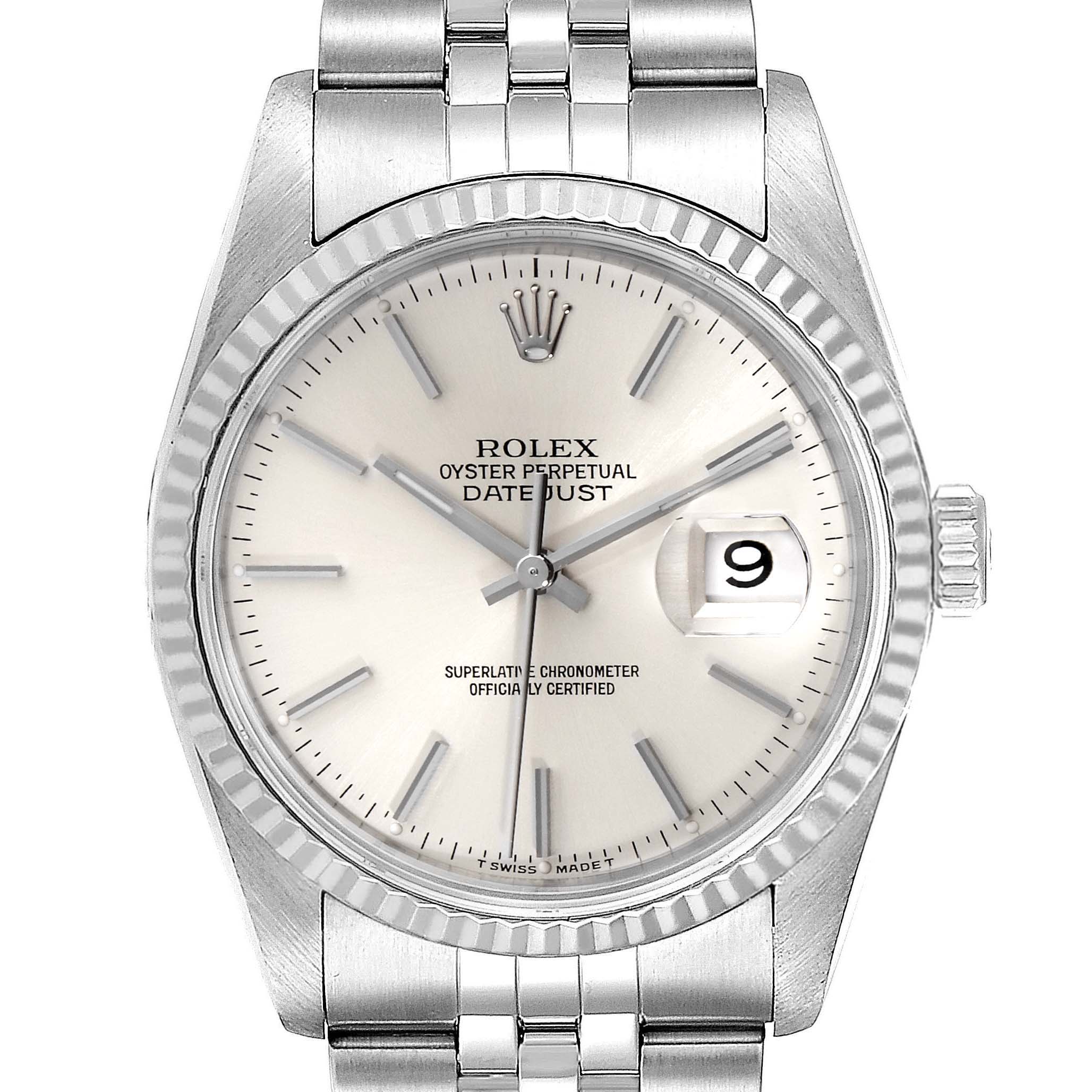 The image shows a Rolex Datejust 16234 Men's Stainless Steel Silver Dial 16234 Men's Stainless Steel Silver Dial watch from a frontal angle, highlighting the dial, bracelet, and date magnifier.