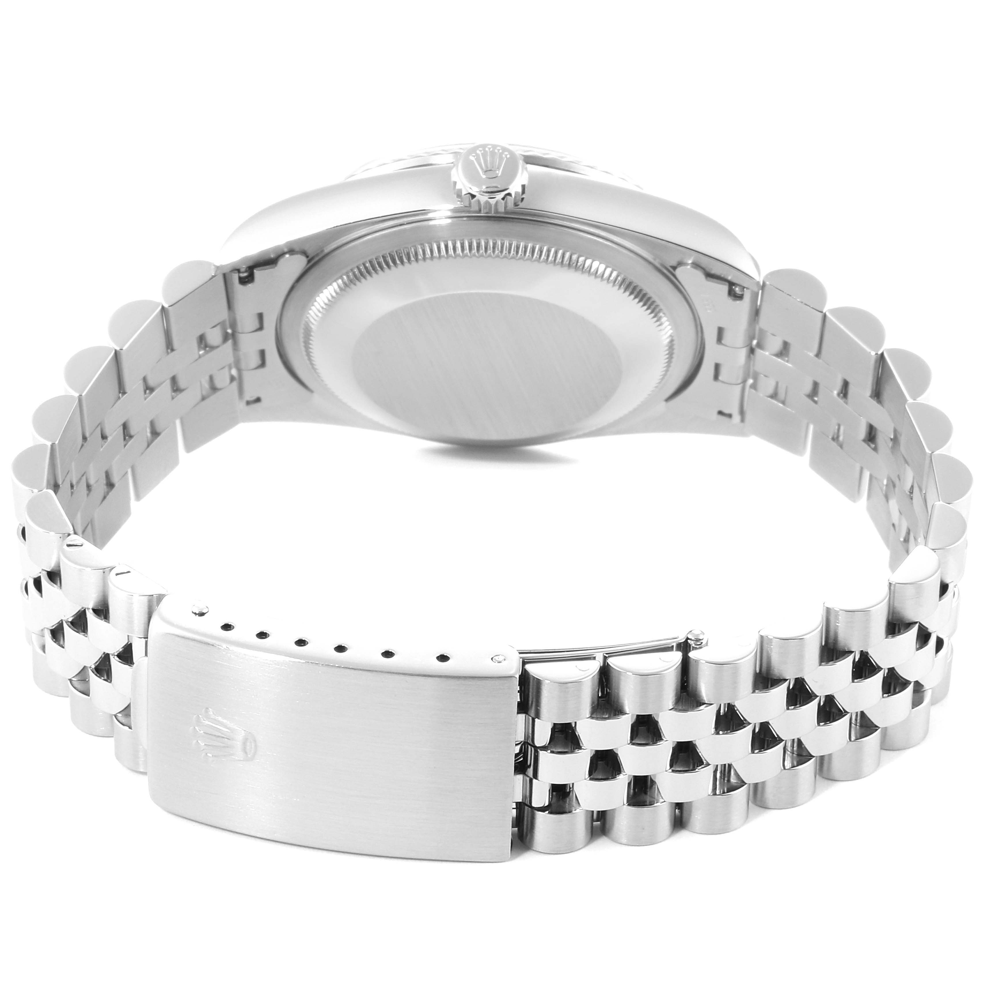 The image shows the back view of a Rolex Datejust 16234 Men's Stainless Steel Silver Dial 16234 Men's Stainless Steel Silver Dial watch, highlighting its case, crown, and Jubilee bracelet with a clasp.