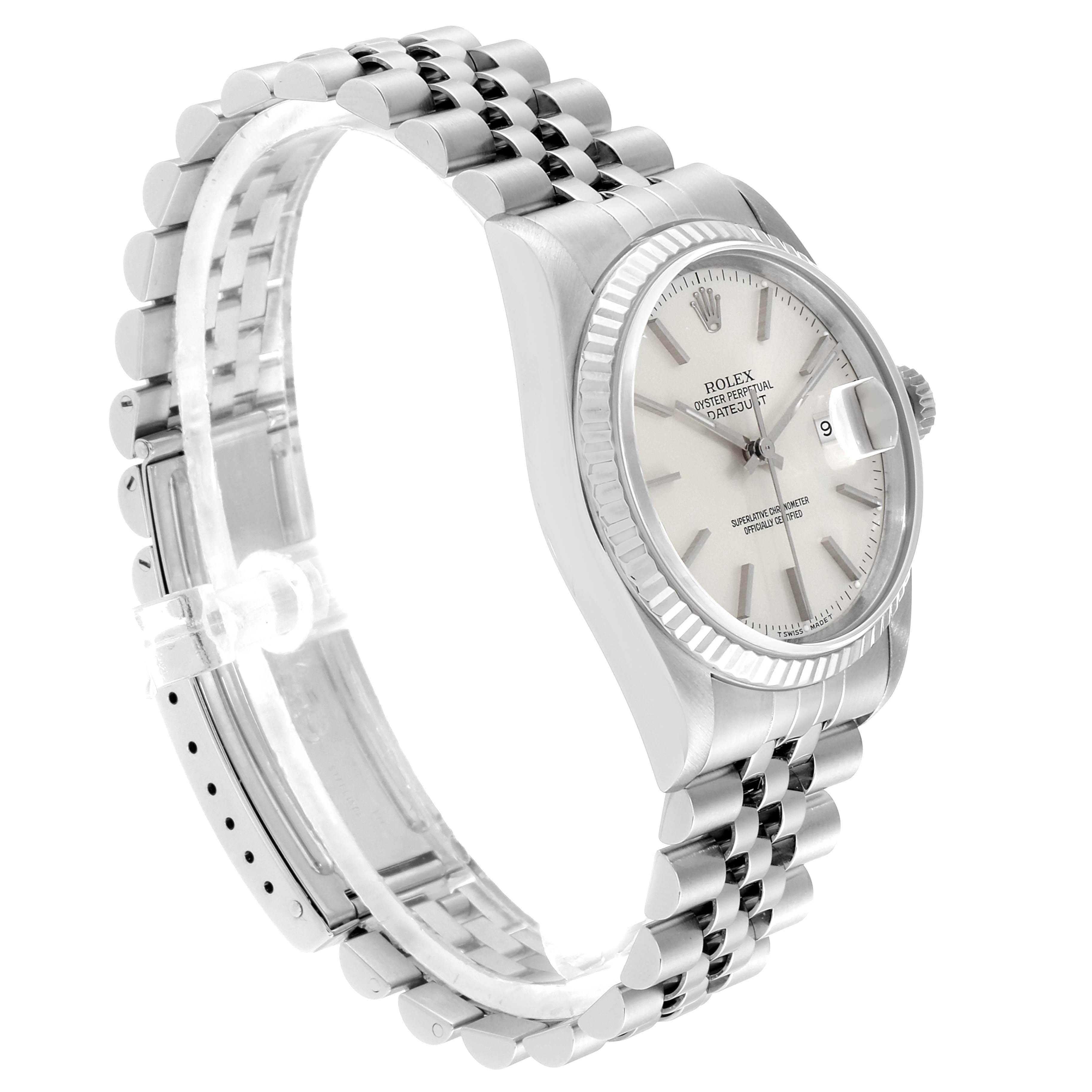 This Rolex Datejust 16234 Men's Stainless Steel Silver Dial 16234 Men's Stainless Steel Silver Dial watch is shown from a side angle, highlighting the watch face, fluted bezel, and Jubilee bracelet.