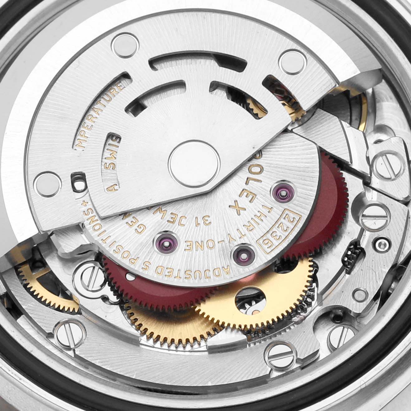 The image shows a close-up of the internal mechanical movement of a Rolex Datejust 279161 Women's Steel and Gold (two tone) White Dial 279161 Women's Steel and Gold (two tone) White Dial watch.