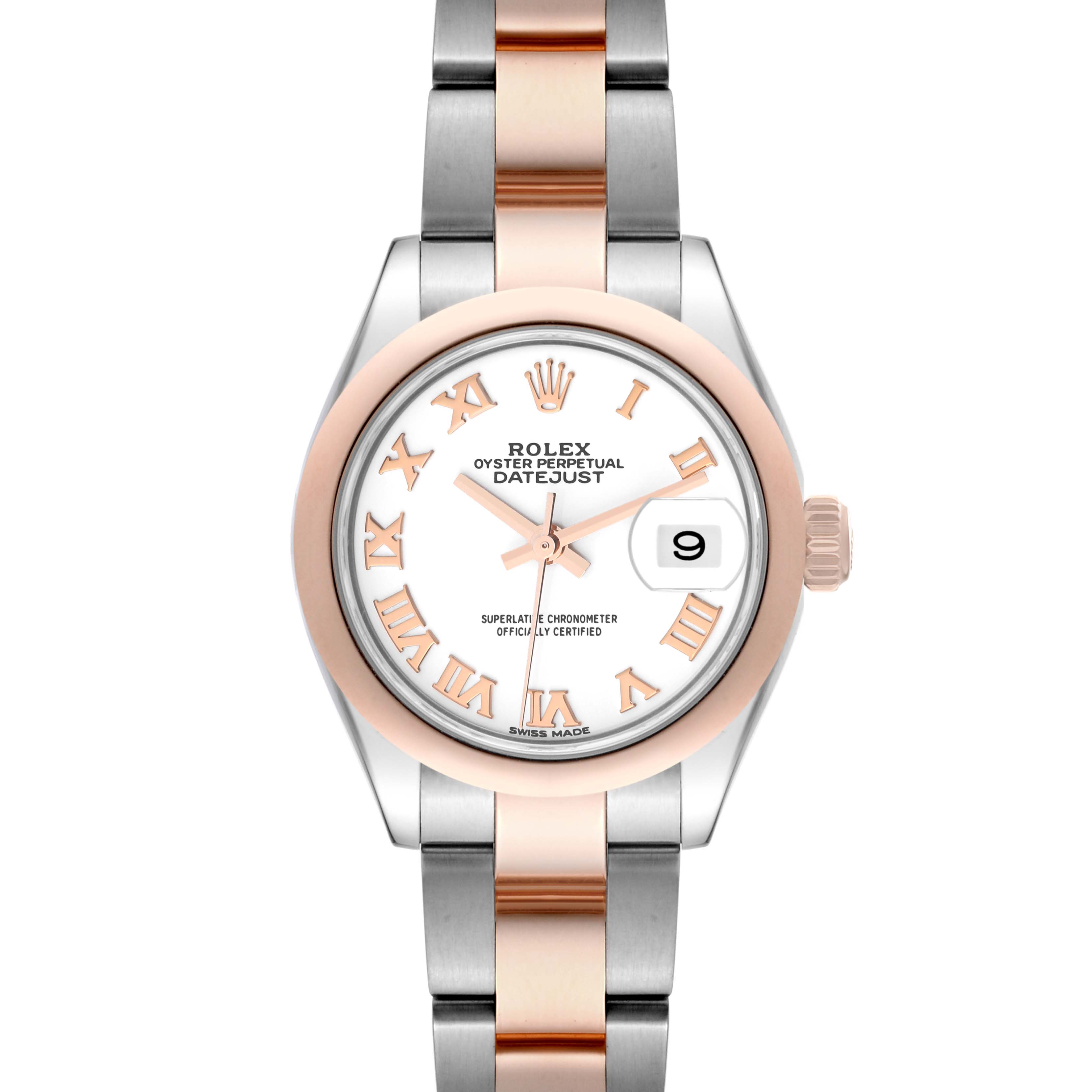 The image shows a front view of a Rolex Datejust 279161 Women's Steel and Gold (two tone) White Dial 279161 Women's Steel and Gold (two tone) White Dial watch, highlighting its dial, bezel, and two-tone bracelet.