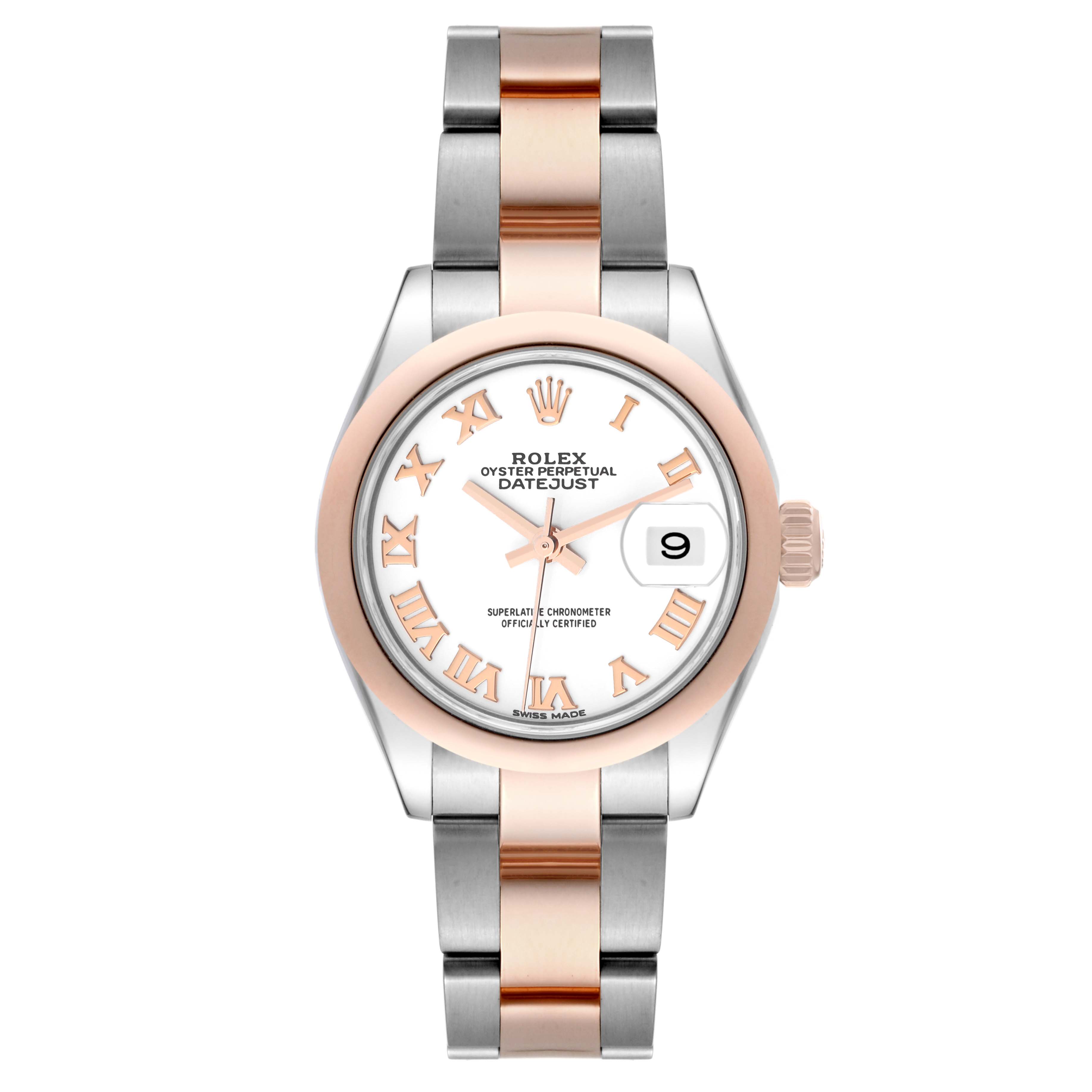 The image shows a front view of a Rolex Datejust 279161 Women's Steel and Gold (two tone) White Dial 279161 Women's Steel and Gold (two tone) White Dial watch, featuring a two-tone bracelet and a date display at the 3 o'clock position.