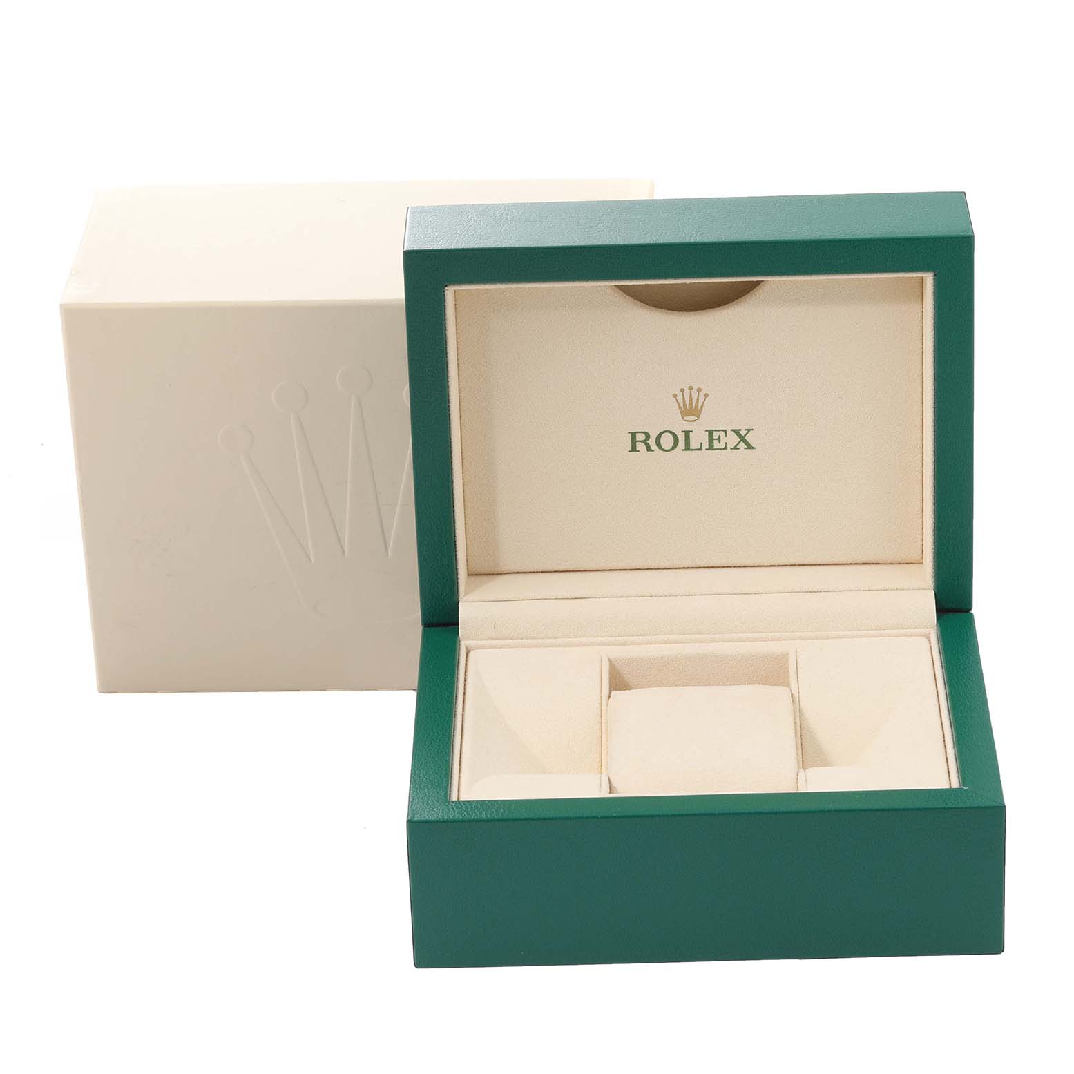 This image shows an open green and beige Rolex Datejust 279161 Women's Steel and Gold (two tone) White Dial 279161 Women's Steel and Gold (two tone) White Dial watch box with the Rolex logo on the inside top.