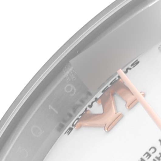 This close-up image shows the dial of the Rolex Datejust 279161 Women's Steel and Gold (two tone) White Dial 279161 Women's Steel and Gold (two tone) White Dial watch, specifically highlighting the hands and part of the date magnifier.