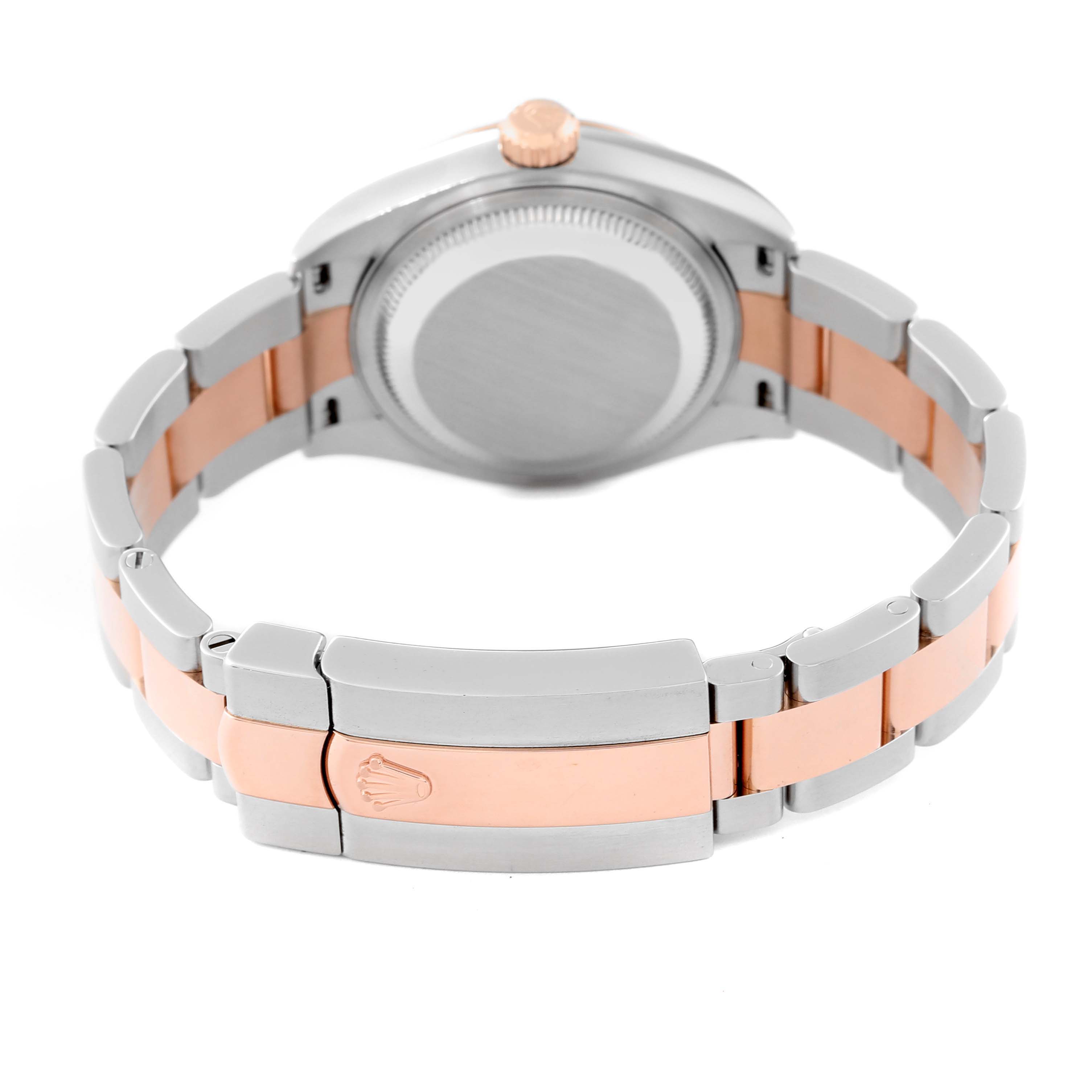 This image shows the back view of a Rolex Datejust 279161 Women's Steel and Gold (two tone) White Dial 279161 Women's Steel and Gold (two tone) White Dial watch, highlighting its two-tone bracelet and closed clasp.