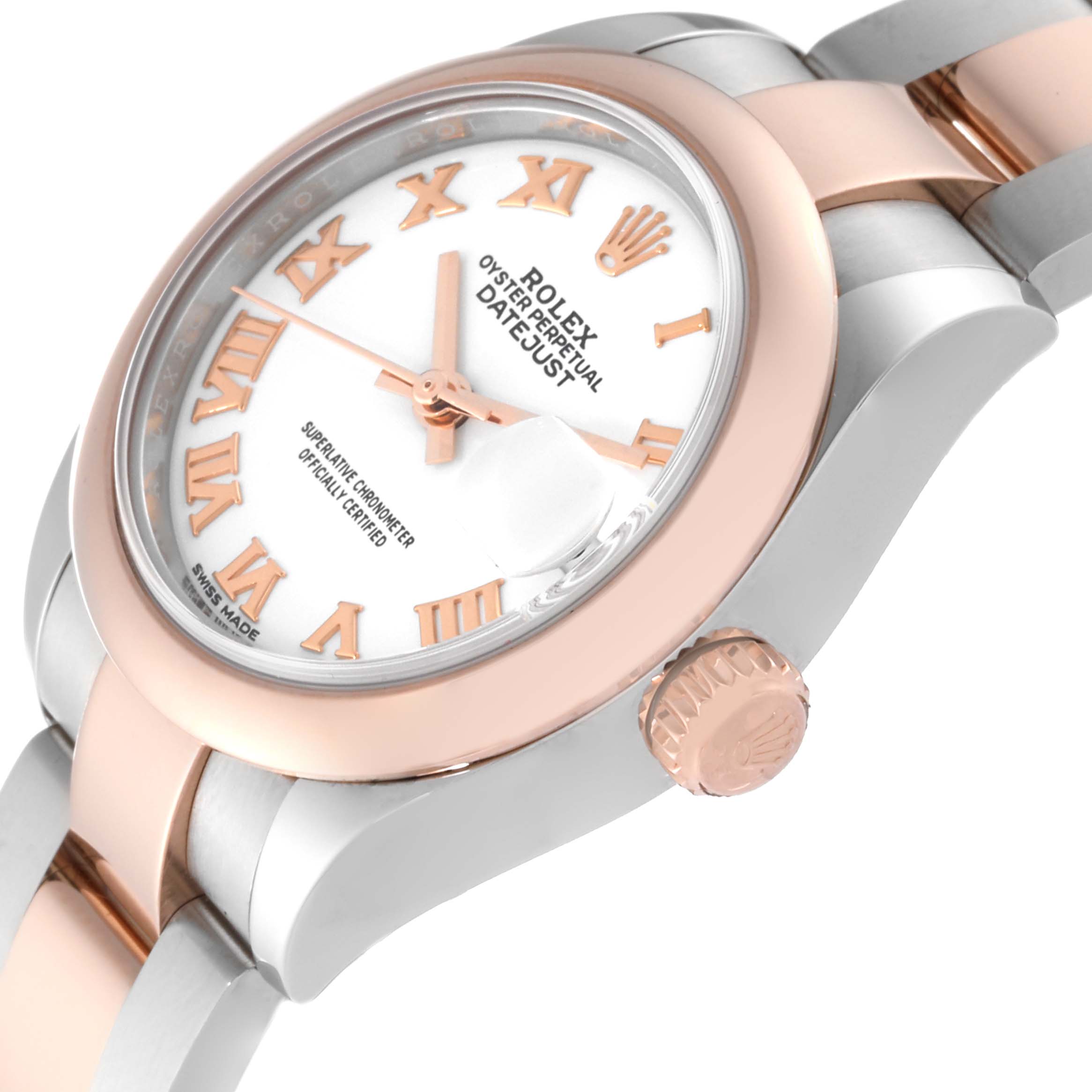 The image shows a side angle of a Rolex Datejust 279161 Women's Steel and Gold (two tone) White Dial 279161 Women's Steel and Gold (two tone) White Dial watch, featuring the dial, bezel, crown, and part of the bracelet.