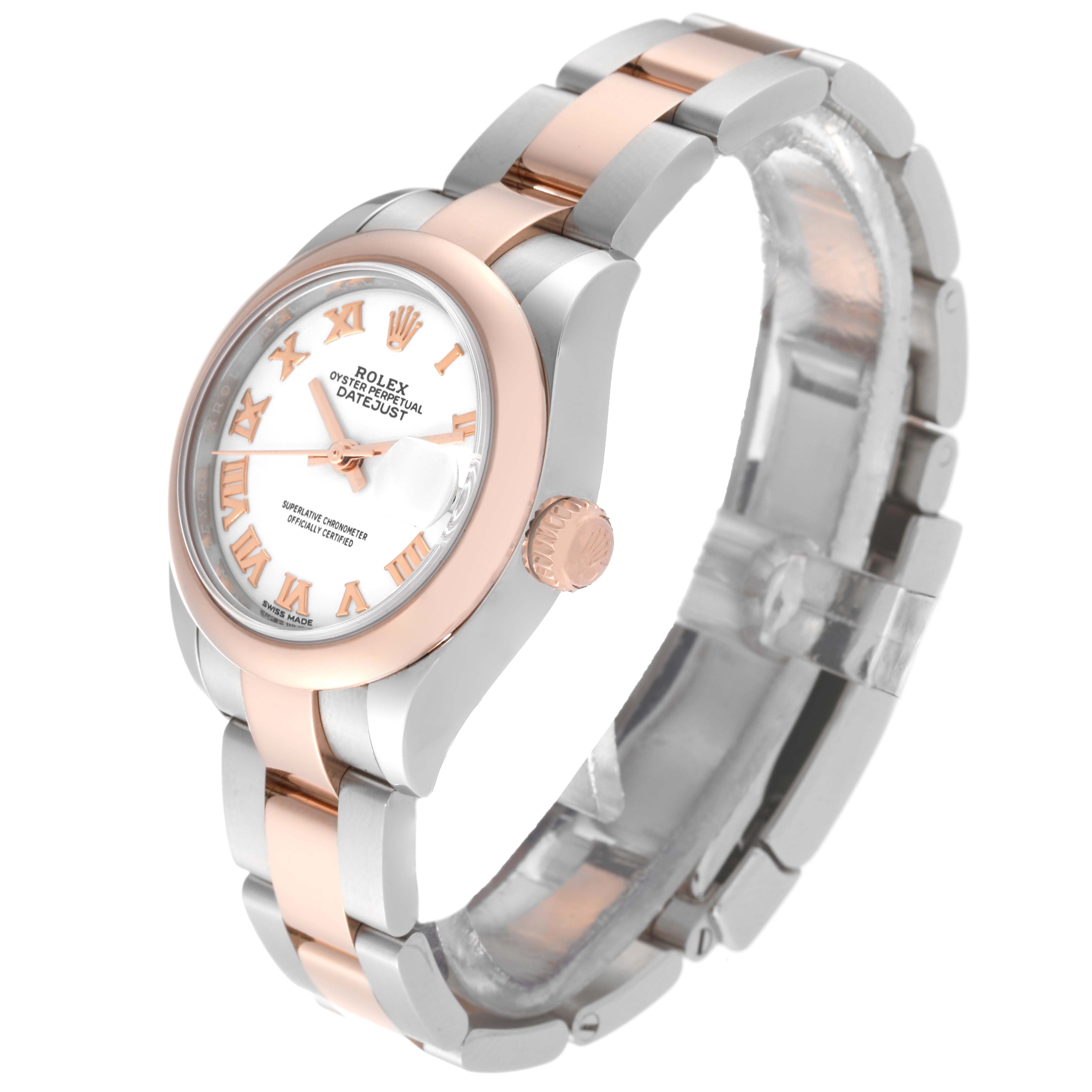 The image shows a side angle of the Rolex Datejust 279161 Women's Steel and Gold (two tone) White Dial 279161 Women's Steel and Gold (two tone) White Dial watch, highlighting its rose gold bezel, crown, and bi-metal bracelet.