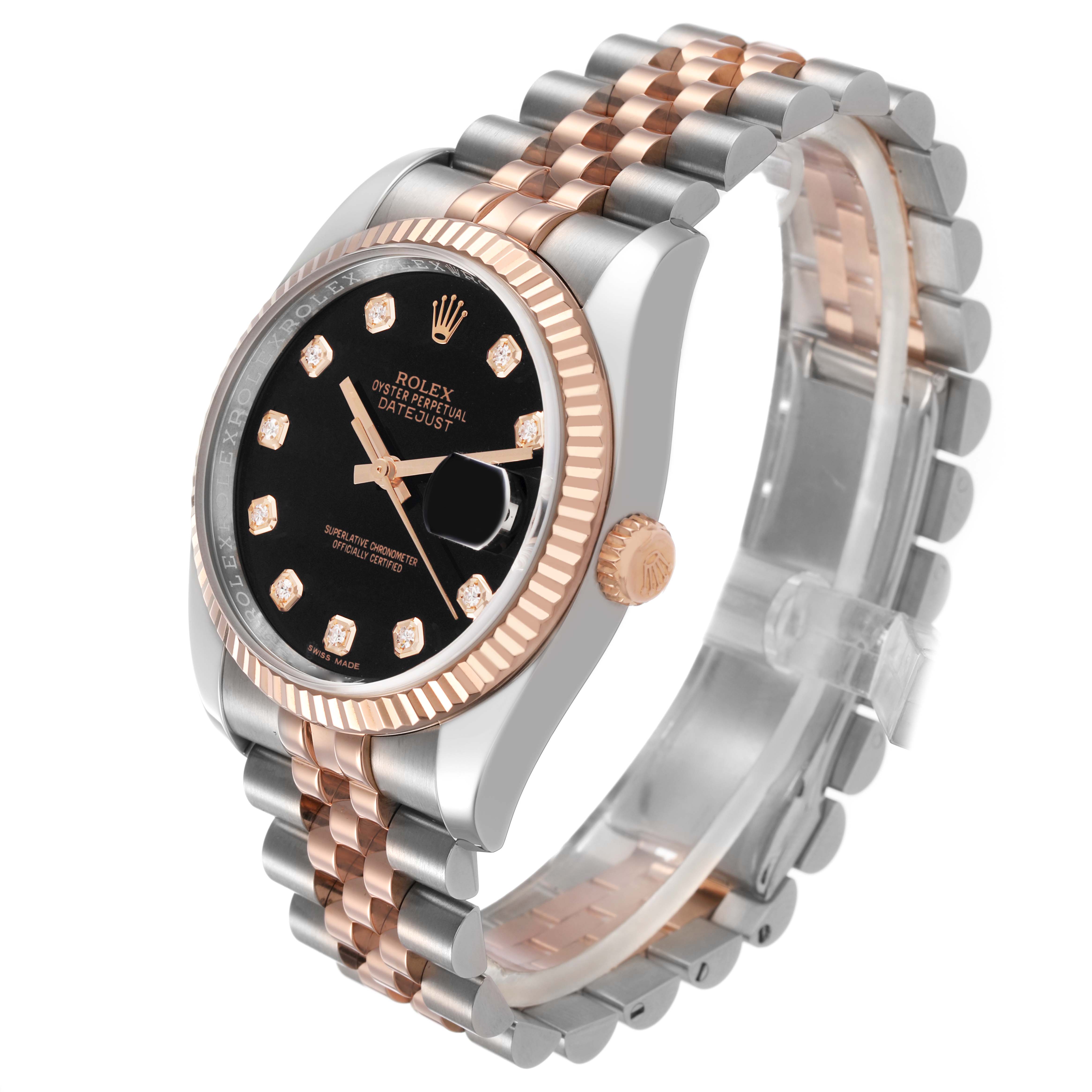 The image shows a Rolex Datejust 116231 Men's Steel and Gold (two tone) Black Dial watch angled to display the bezel, dial, crown, and two-tone bracelet.