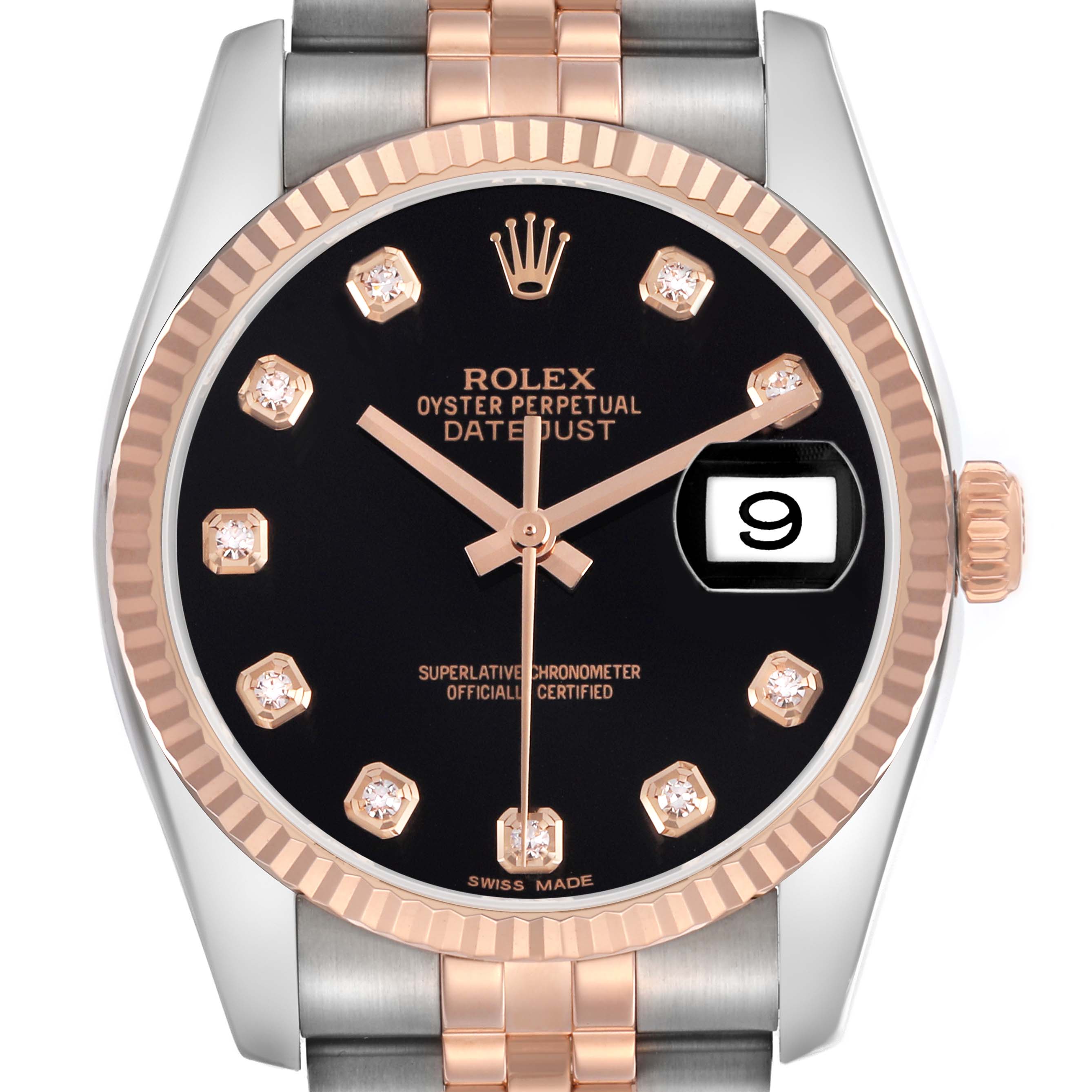 The Rolex Datejust 116231 Men's Steel and Gold (two tone) Black Dial watch is shown from the front, displaying its dial, bezel, crown, and part of the bracelet.